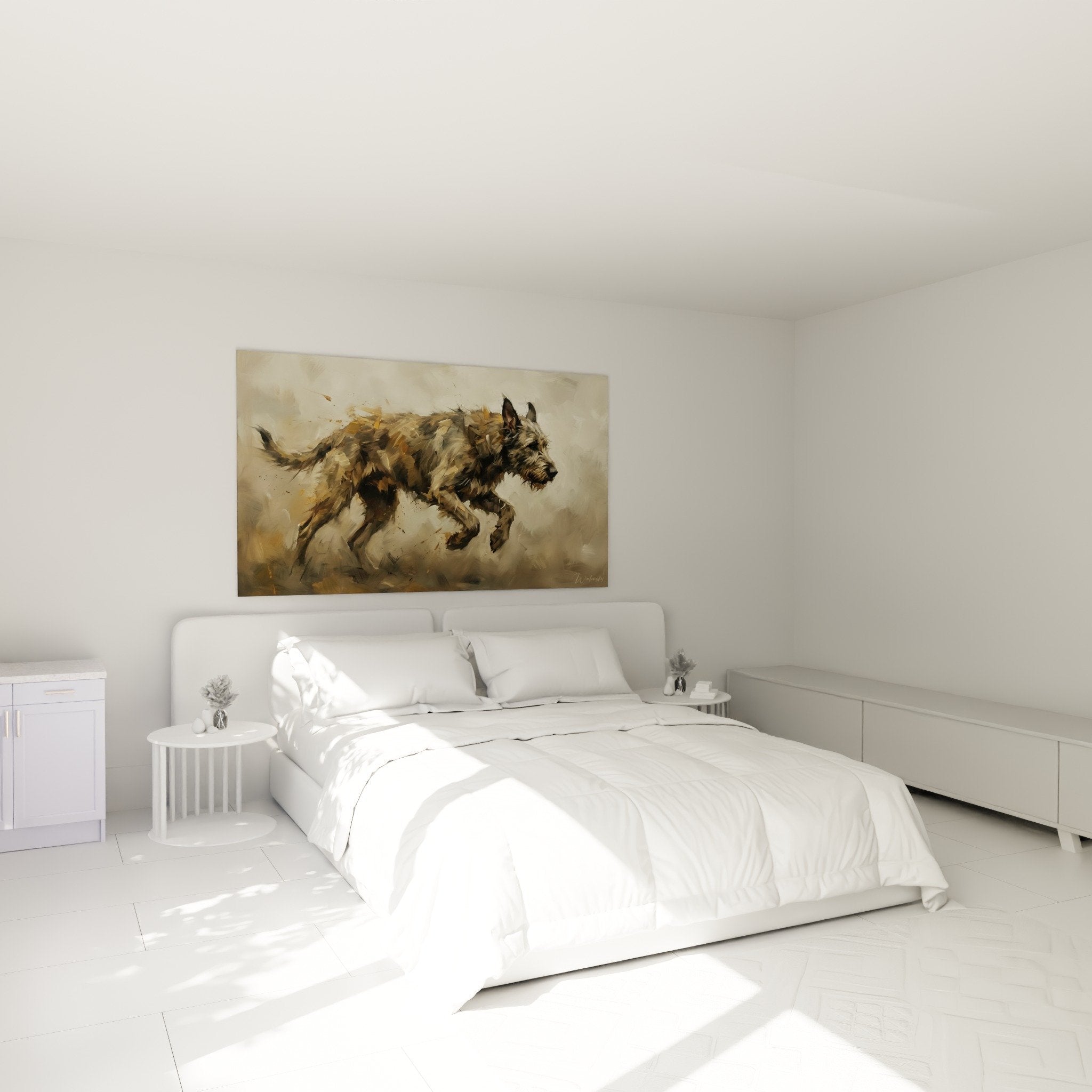 deco chambre tableau irish wolfhound en mouvement tons ocre ambiance chaleureuse