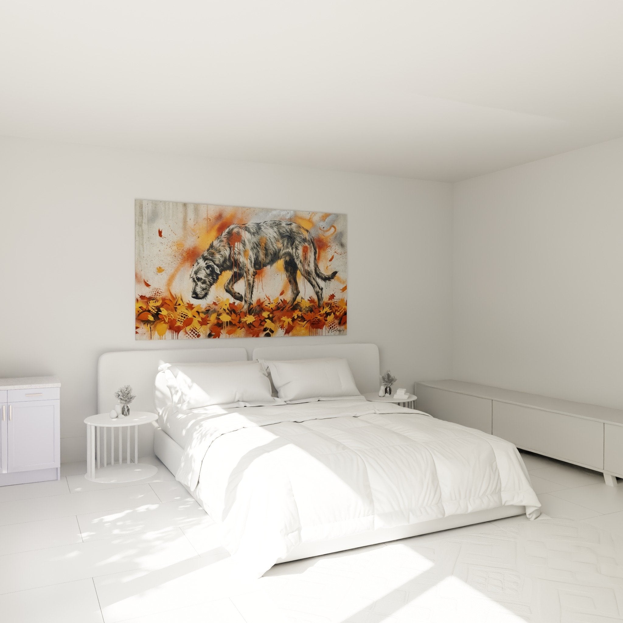 Decoration chambre avec tableau Irish Wolfhound gris et projections orange style contemporain