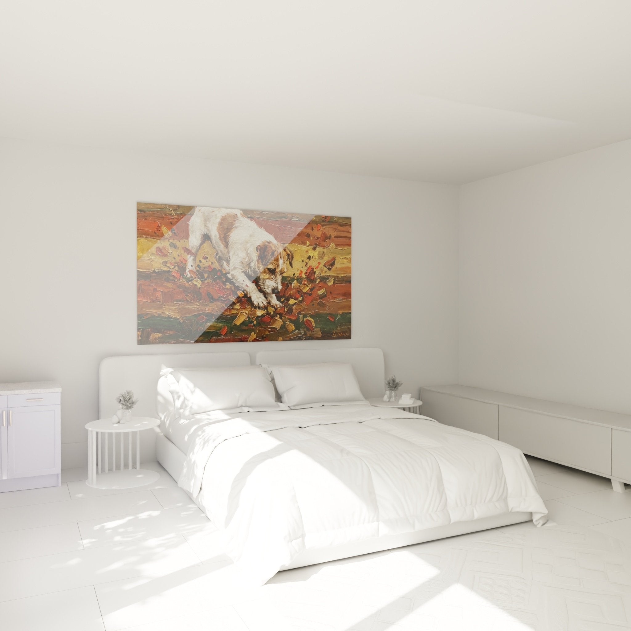 Dog bedroom decor jack russell painting autumn colored leaves warm natural ambiance