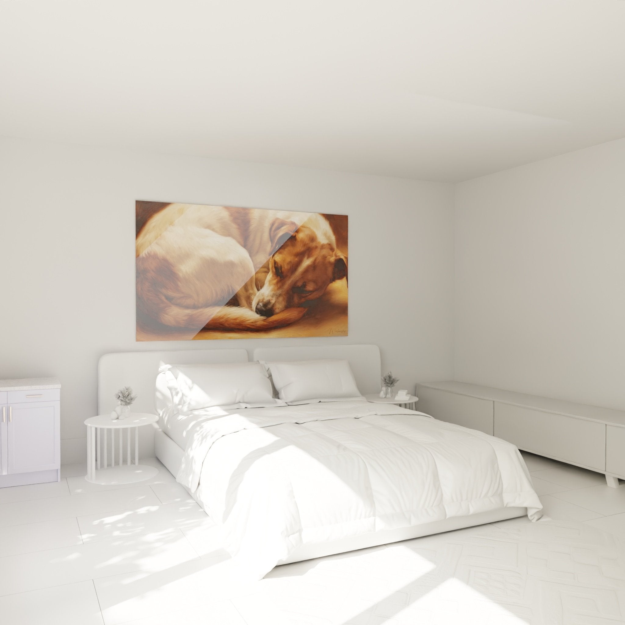 Deco chambre tableau chien endormi jack russell terrier couleurs chaudes ambiance cocooning mur blanc