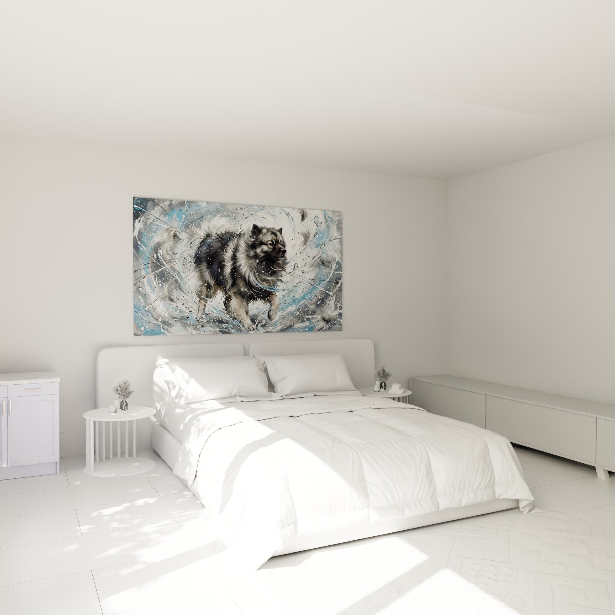 Decoration murale Keeshond vortex aquatique dans chambre moderne tons gris bleu apaisant