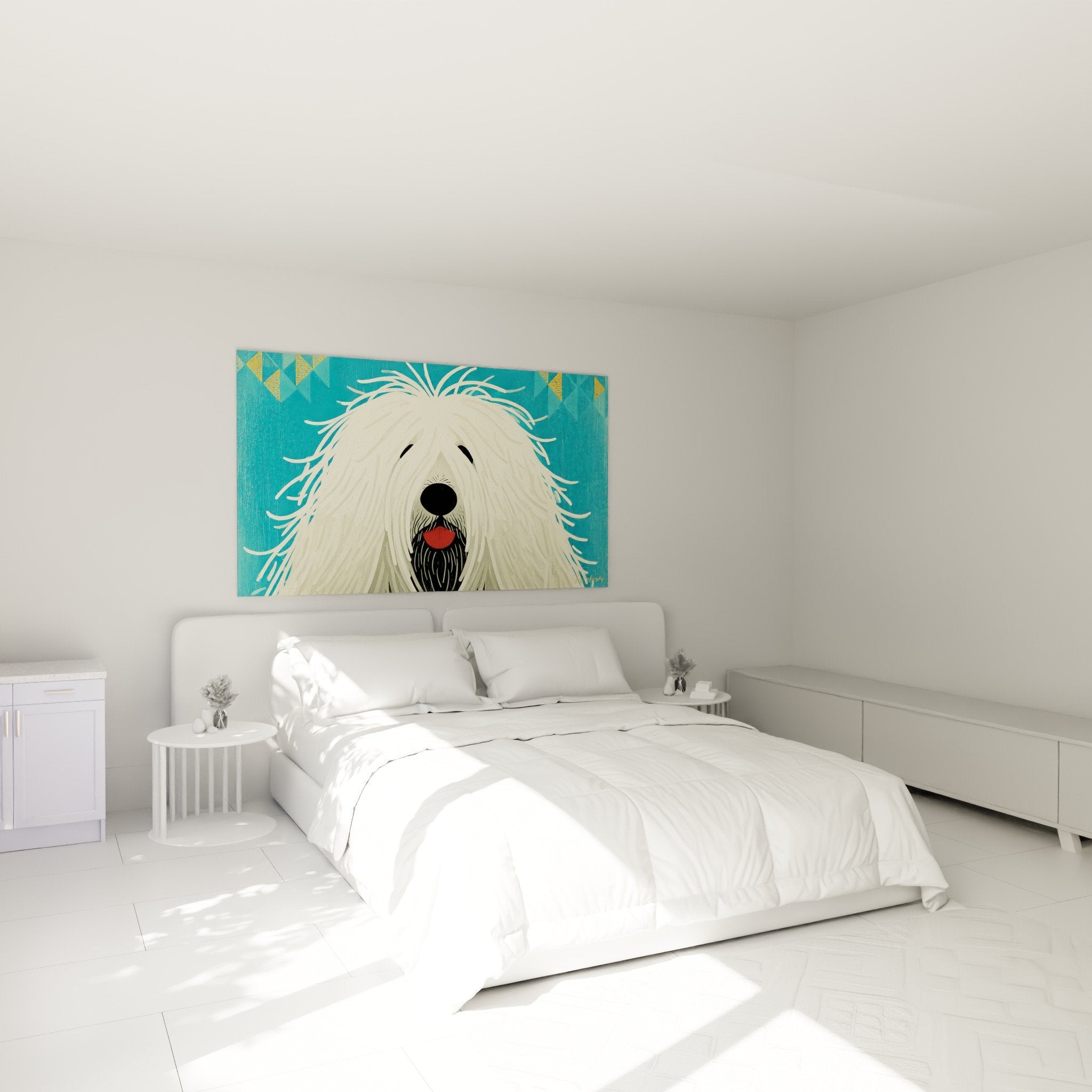 Wanddekoration Komondor Schlafzimmer moderne Atmosphäre Gemälde ungarischer Schäferhund weißes Fell türkiser goldener Hintergrund