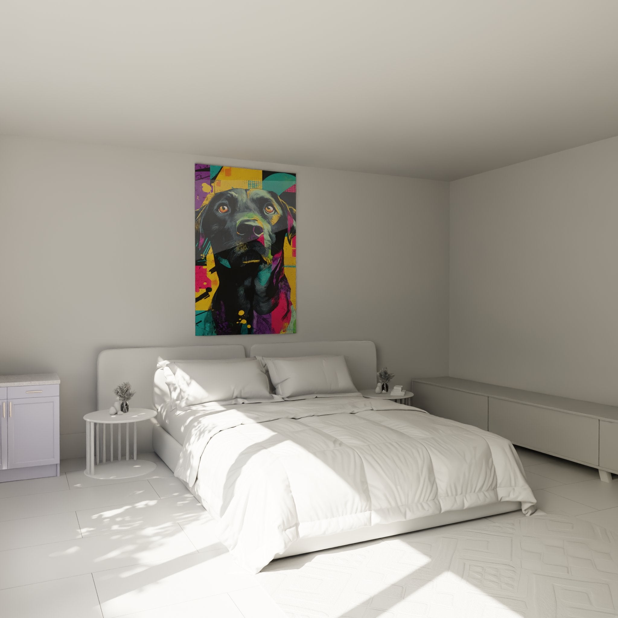 Wanddekoration Labrador Pop Art im modernen Schlafzimmer mit farbenfroher, warmer Atmosphäre