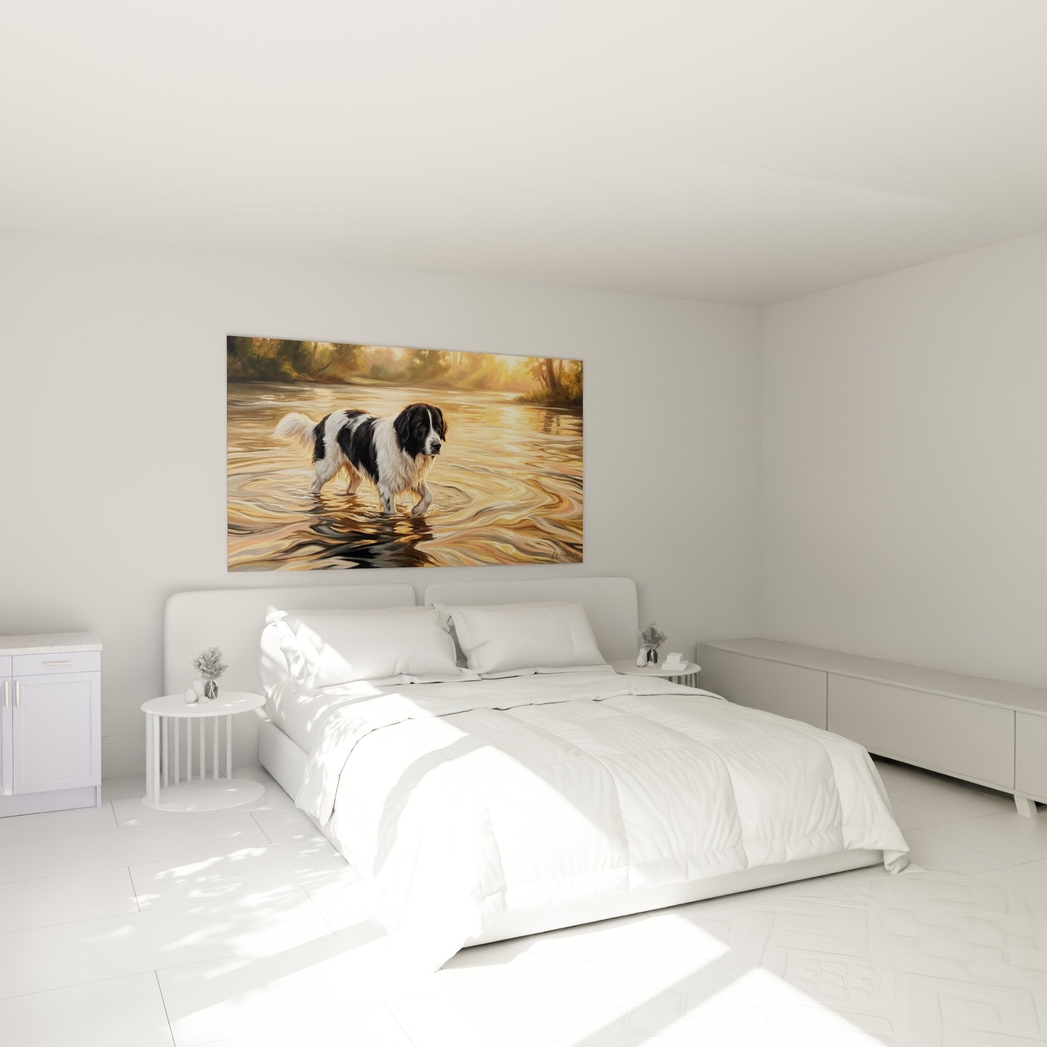 Bedroom decoration with Landseer painting swimming scene golden reflections warm ambiance