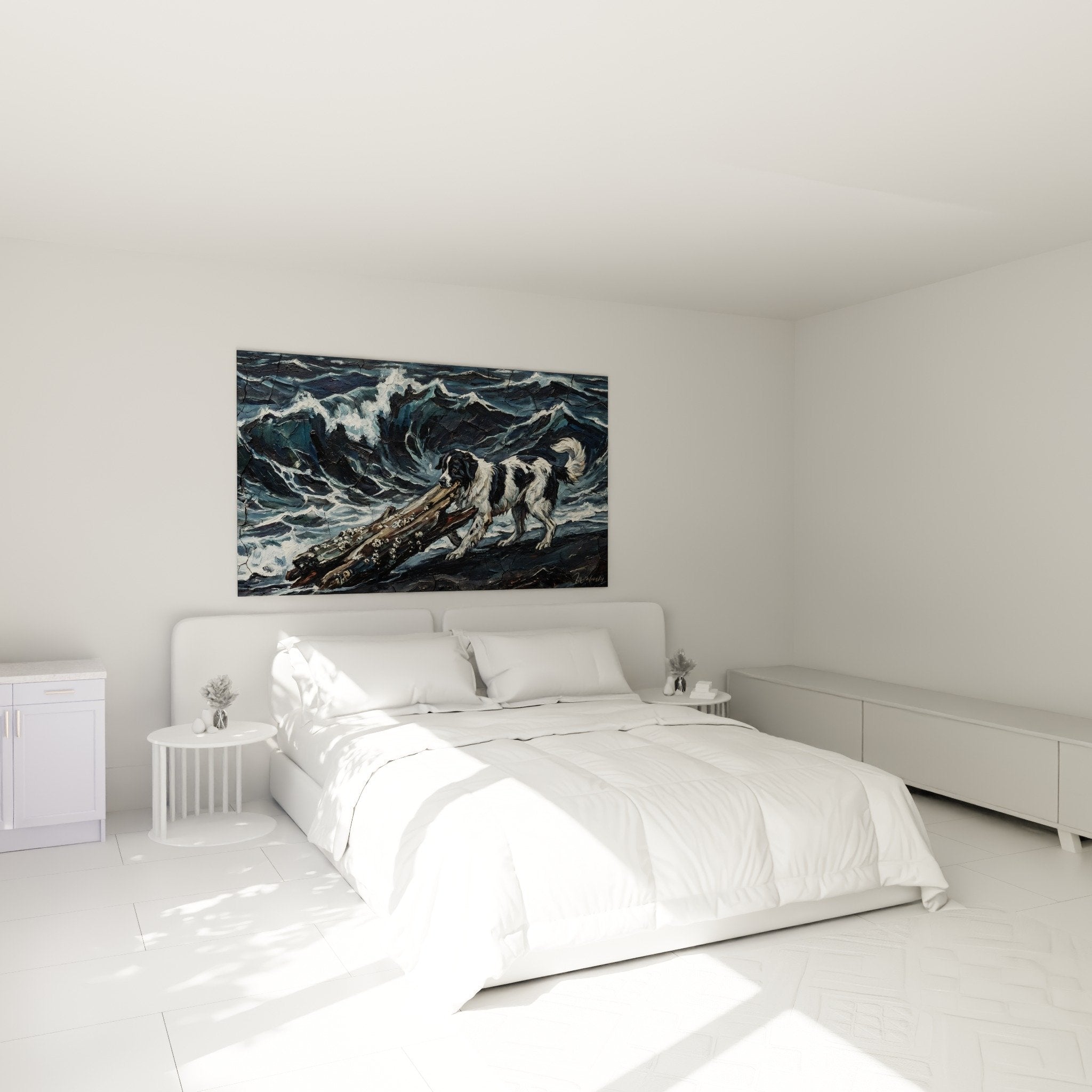 Décoration chambre avec tableau Landseer chien héroïque dans flots, ambiance maritime élégante