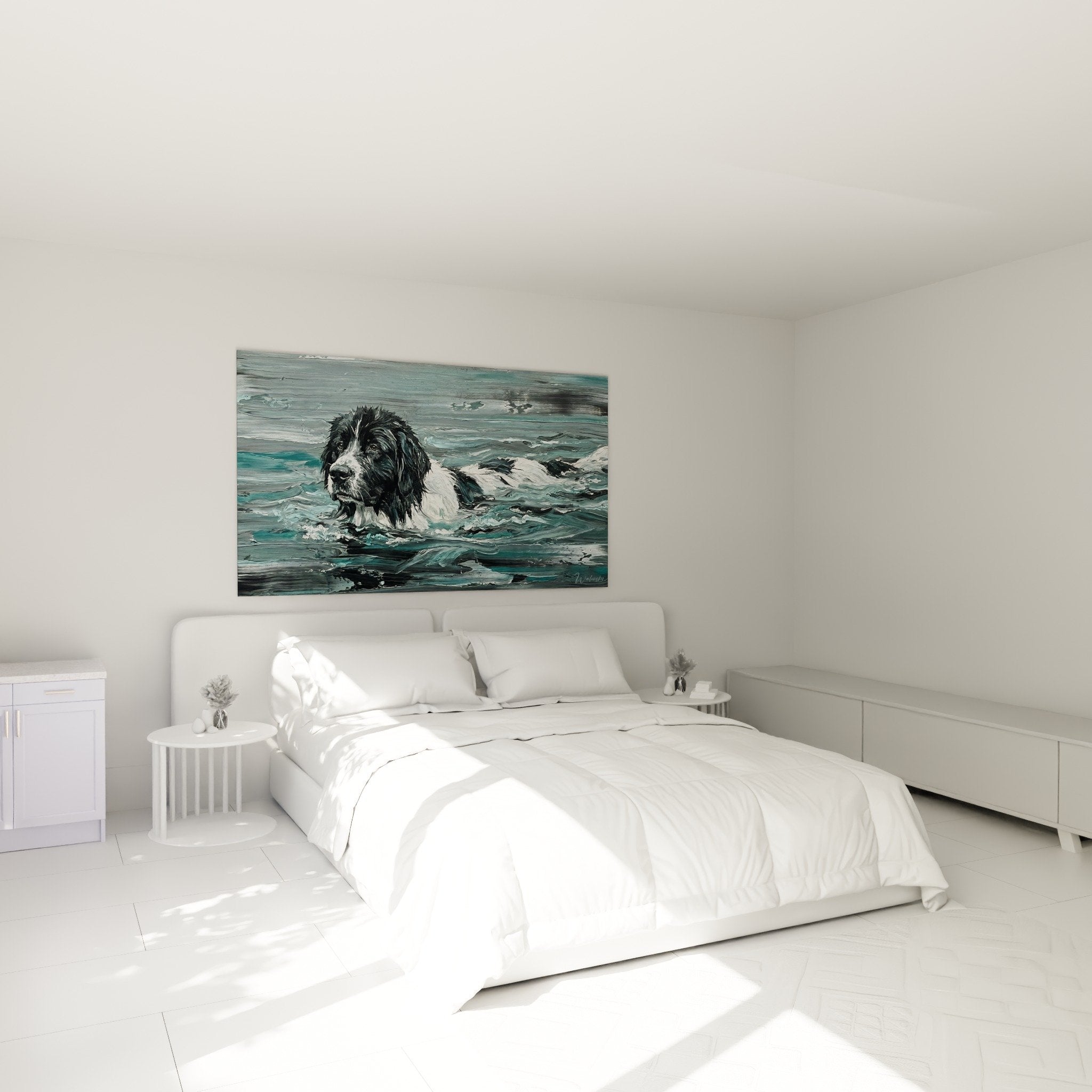 landseer wall decoration in modern bedroom with turquoise and gray maritime ambiance