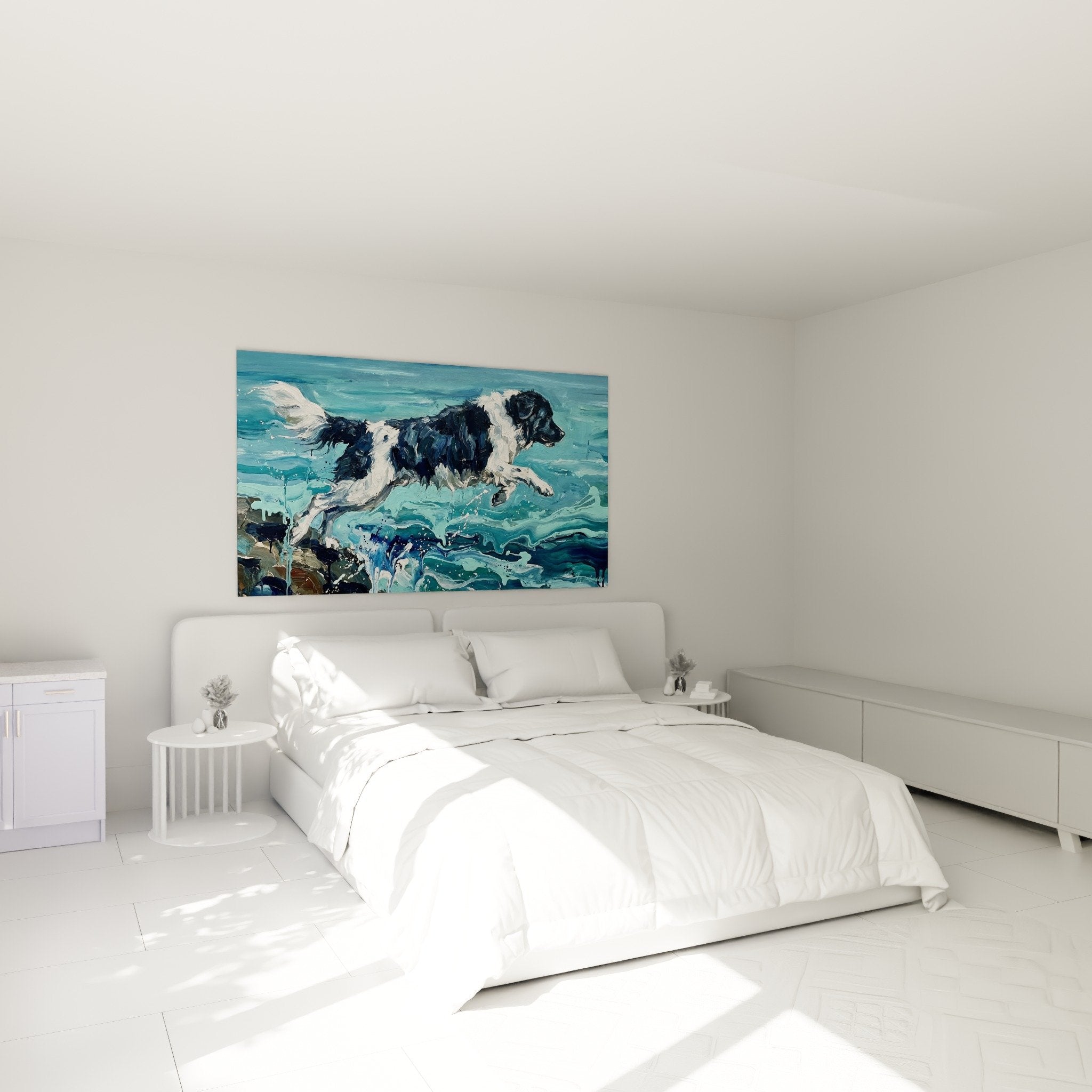 Wall decor bedroom with Landseer painting diving into sparkling turquoise waters