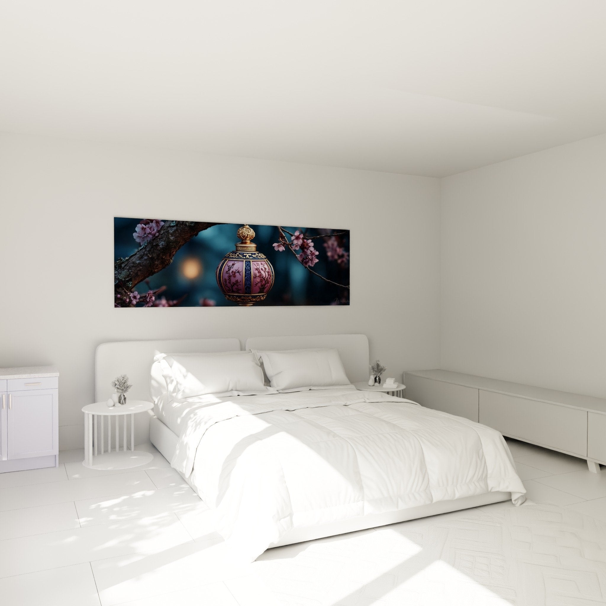 Lanterne asiatique décorative avec motifs floraux roses dans chambre moderne zen