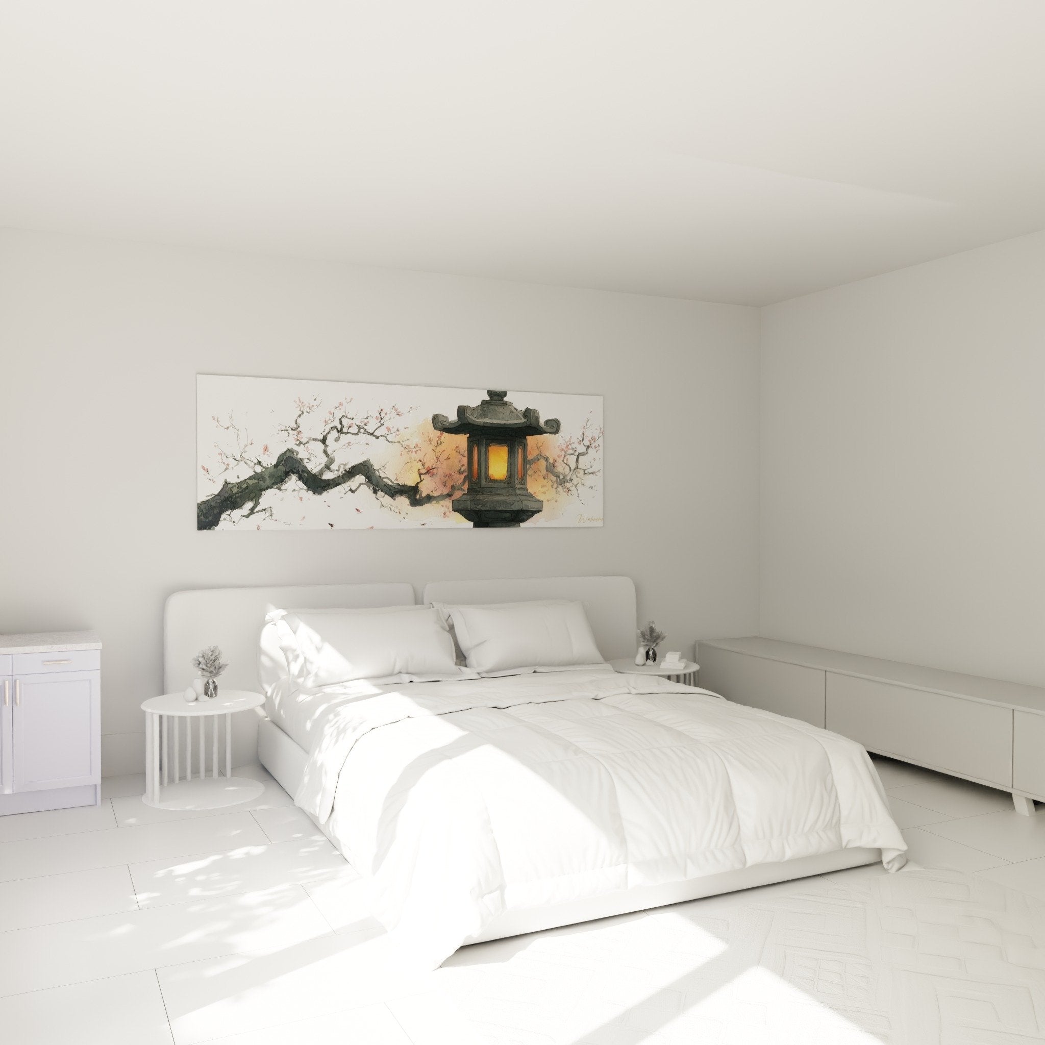 Décoration chambre avec tableau lanterne japonaise et cerisier dans ambiance zen apaisante