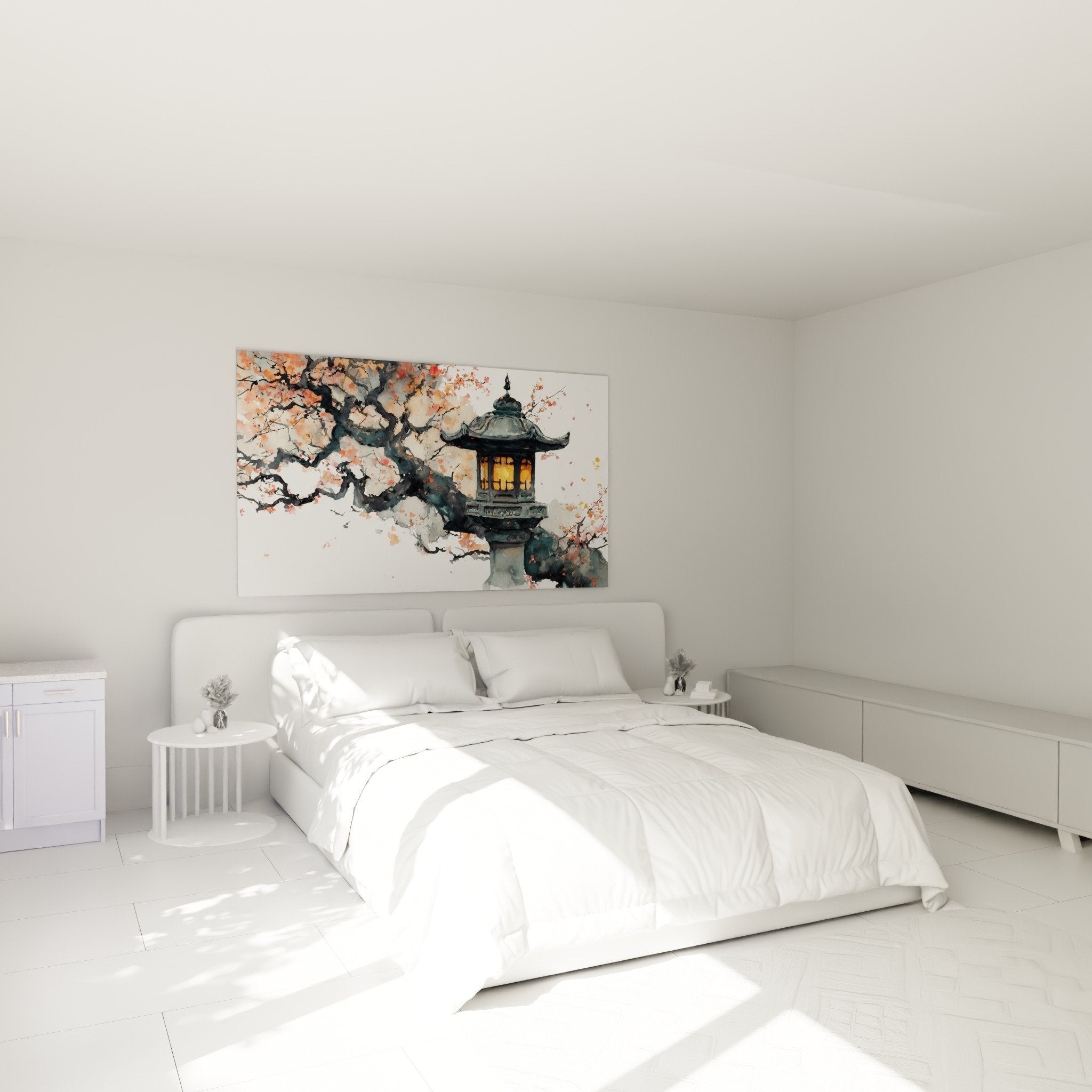 Oriental lantern wall art above bed, zen bedroom decoration, soothing Japanese cherry blossom ambiance