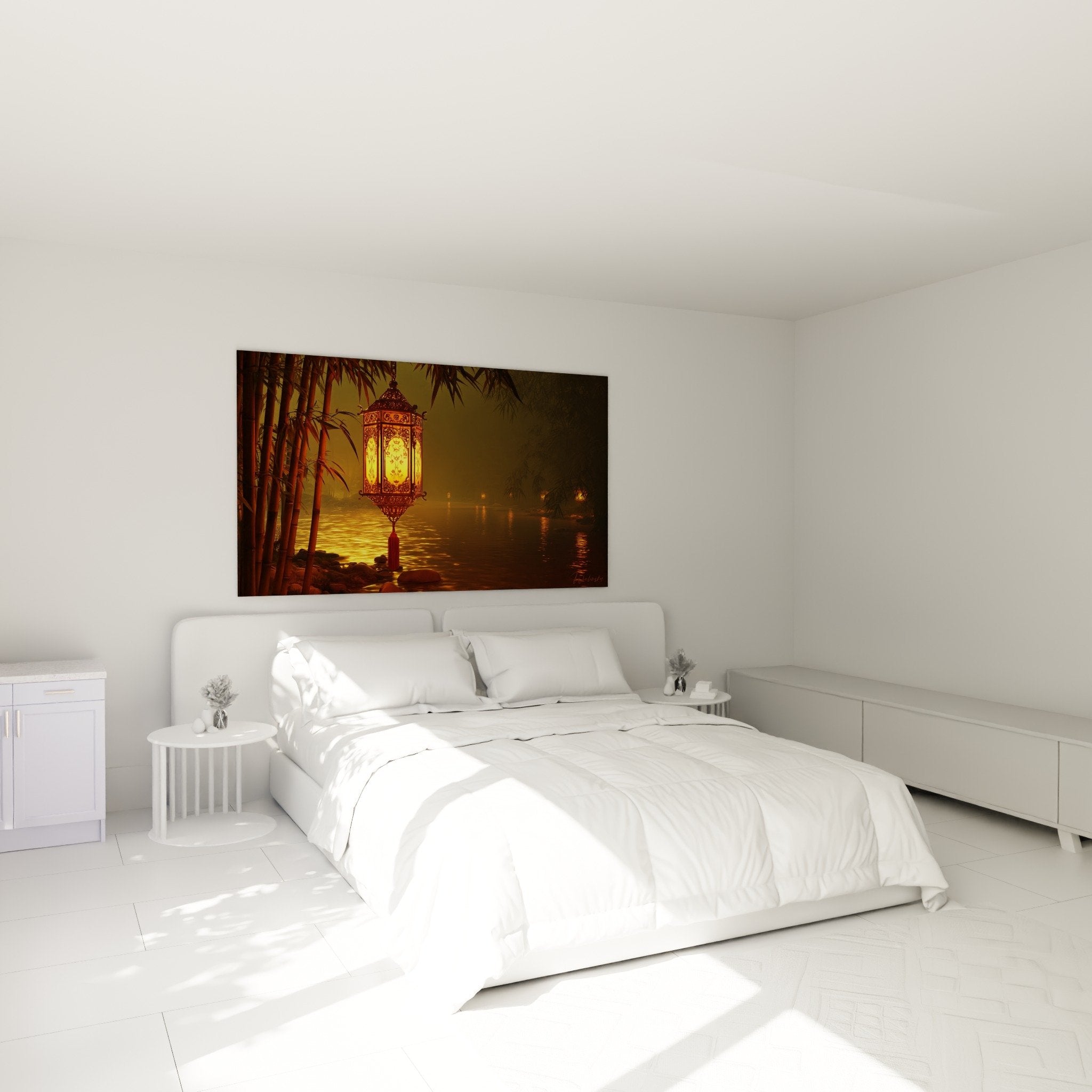 Wall decoration bedroom oriental golden lantern night atmosphere water reflections palm trees