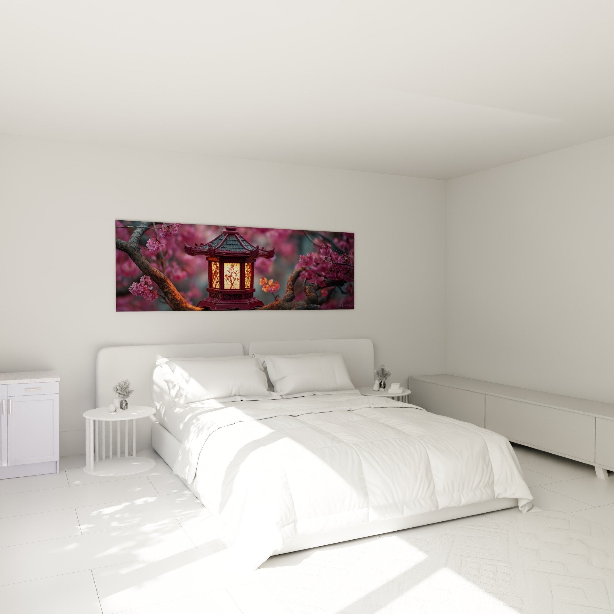 Décoration chambre tableau lanterne zen japonaise fleurs cerisier roses violets