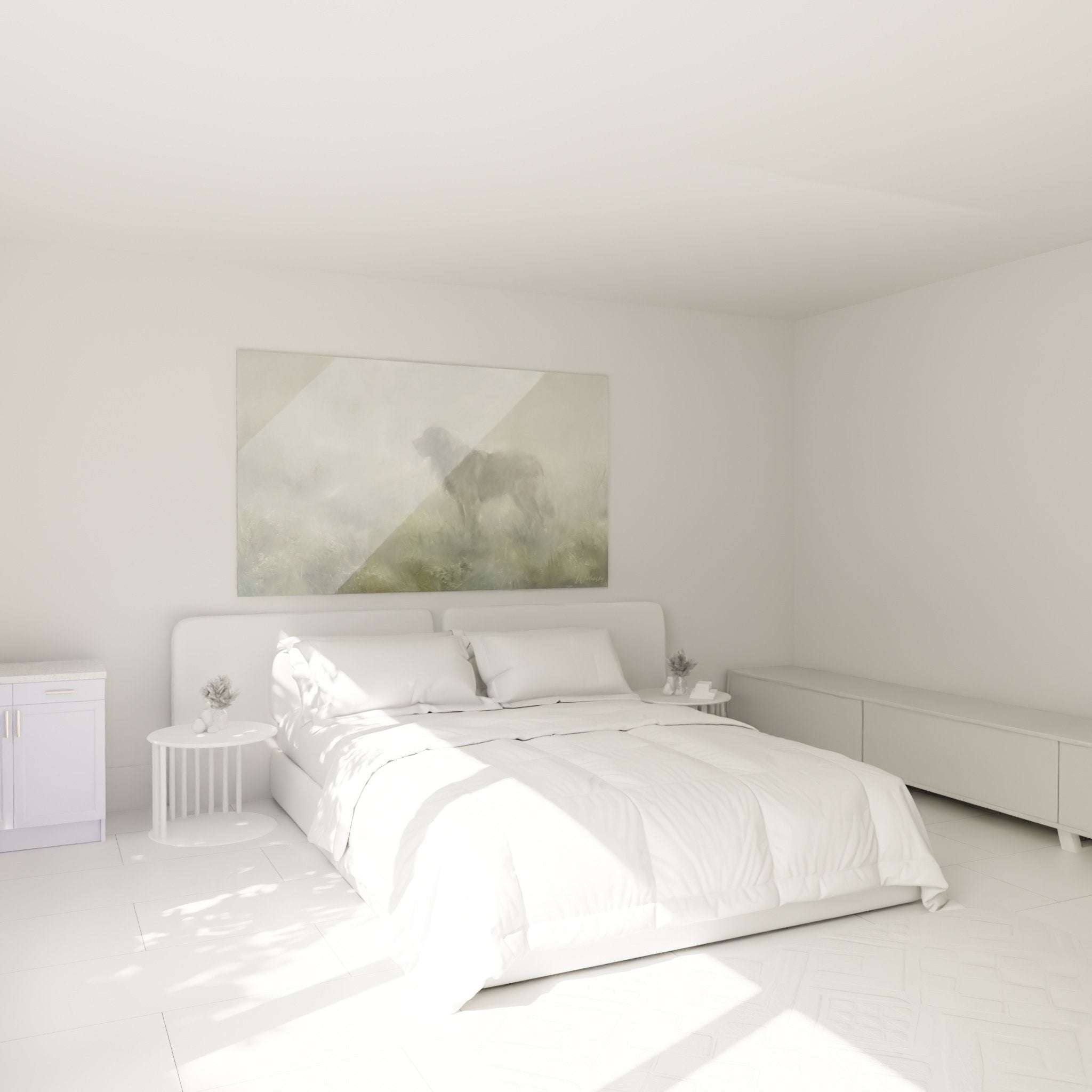 Decoration chambre tableau chien Leonberg brumeux atmosphere apaisante tons poudrés mur moderne