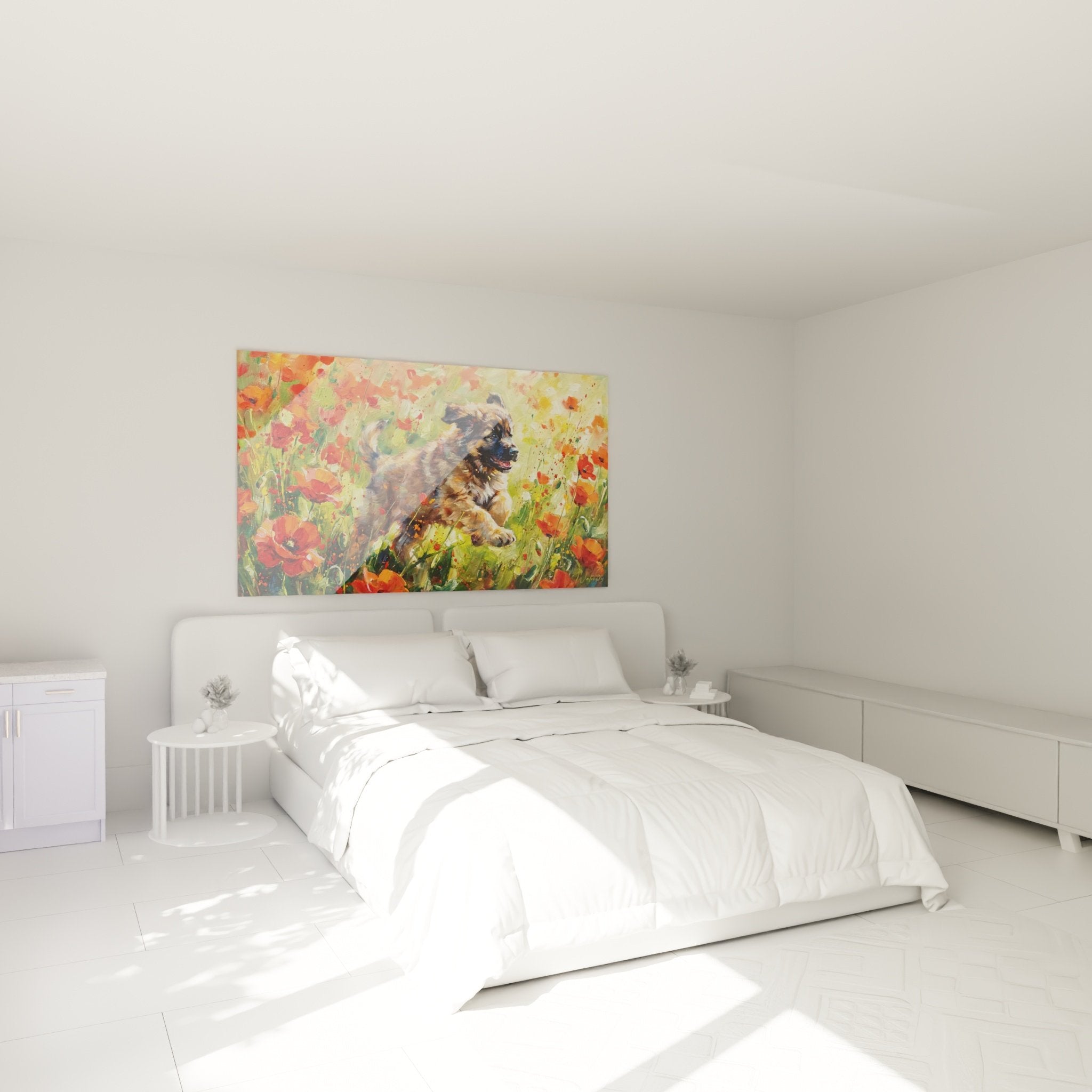 Decoration murale Leonberg coquelicots chambre ambiance chaleureuse tableau animalier rouge orange