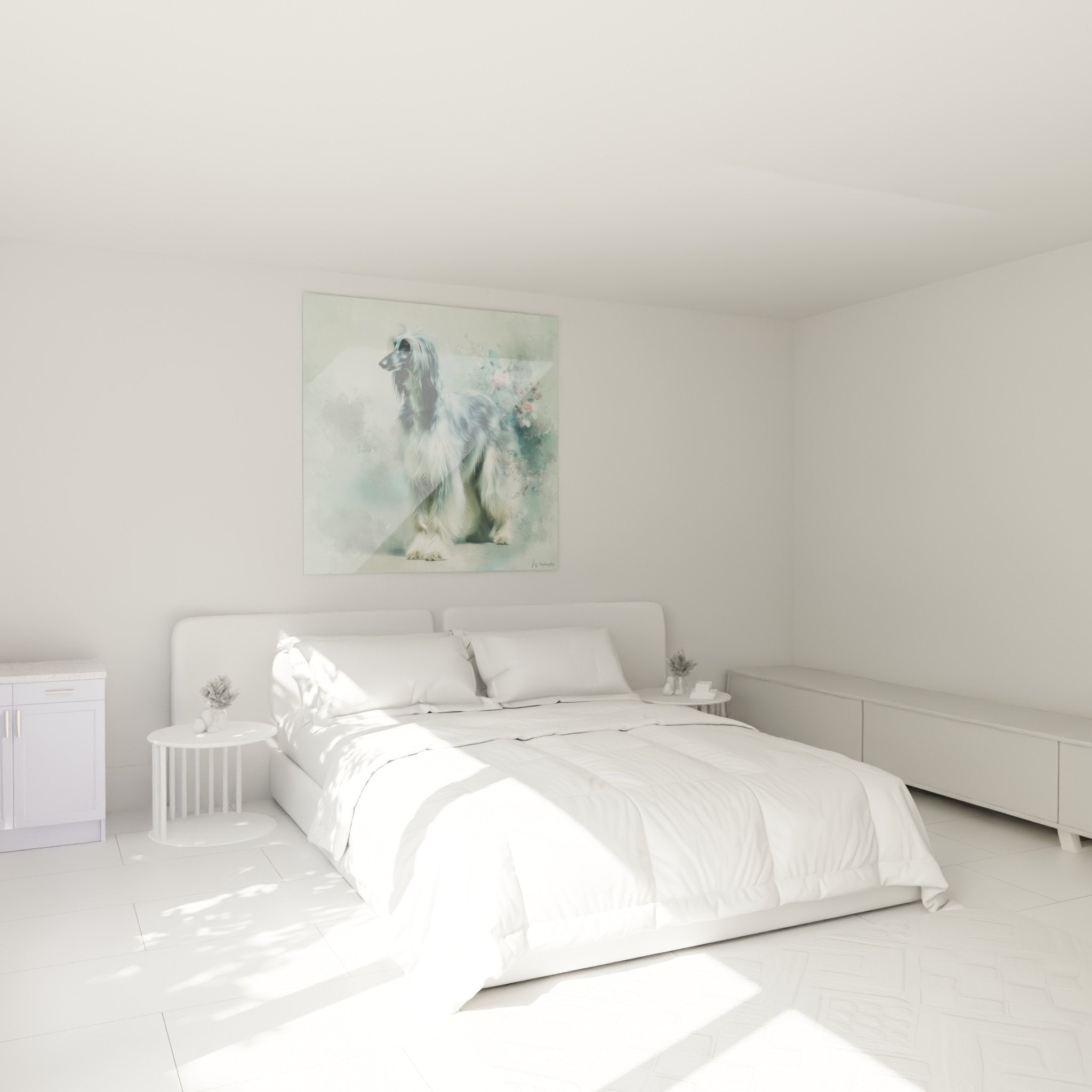 Decorazione camera da letto con quadro levriero afgano in tonalità pastello, atmosfera zen e raffinata su parete bianca