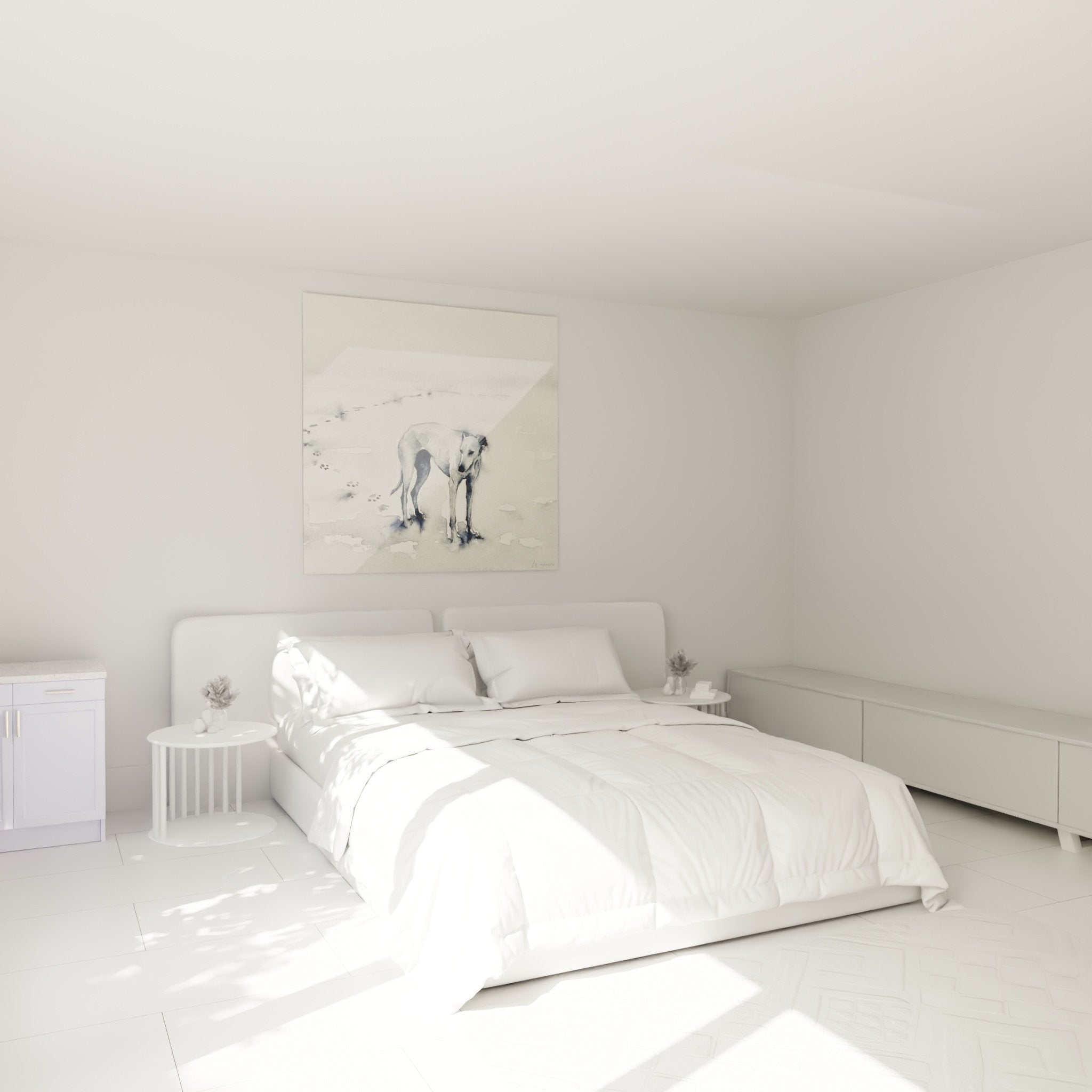 Decoration chambre tableau levrier aquarelle tons gris bleu ambiance douce scandinavie art mural apaisant