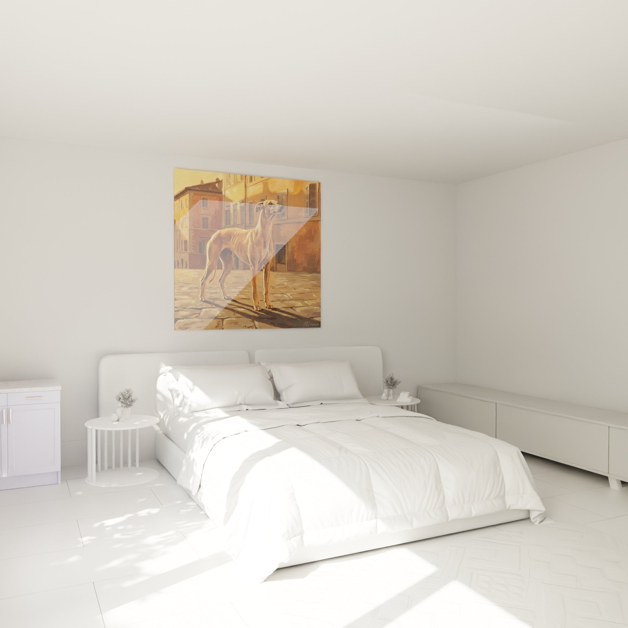 Décoration murale lévrier élégant dans chambre aux tons chauds style méditerranéen