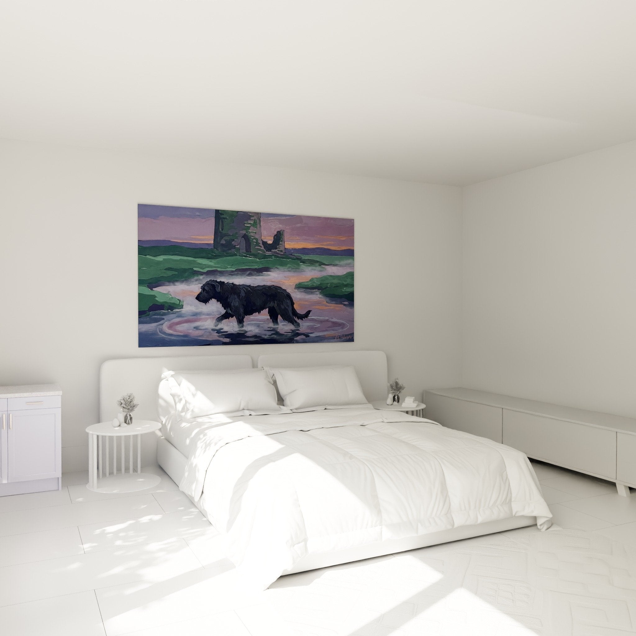 Decoration murale chambre levrier irlandais eaux pourpres ambiance mystique tons violets