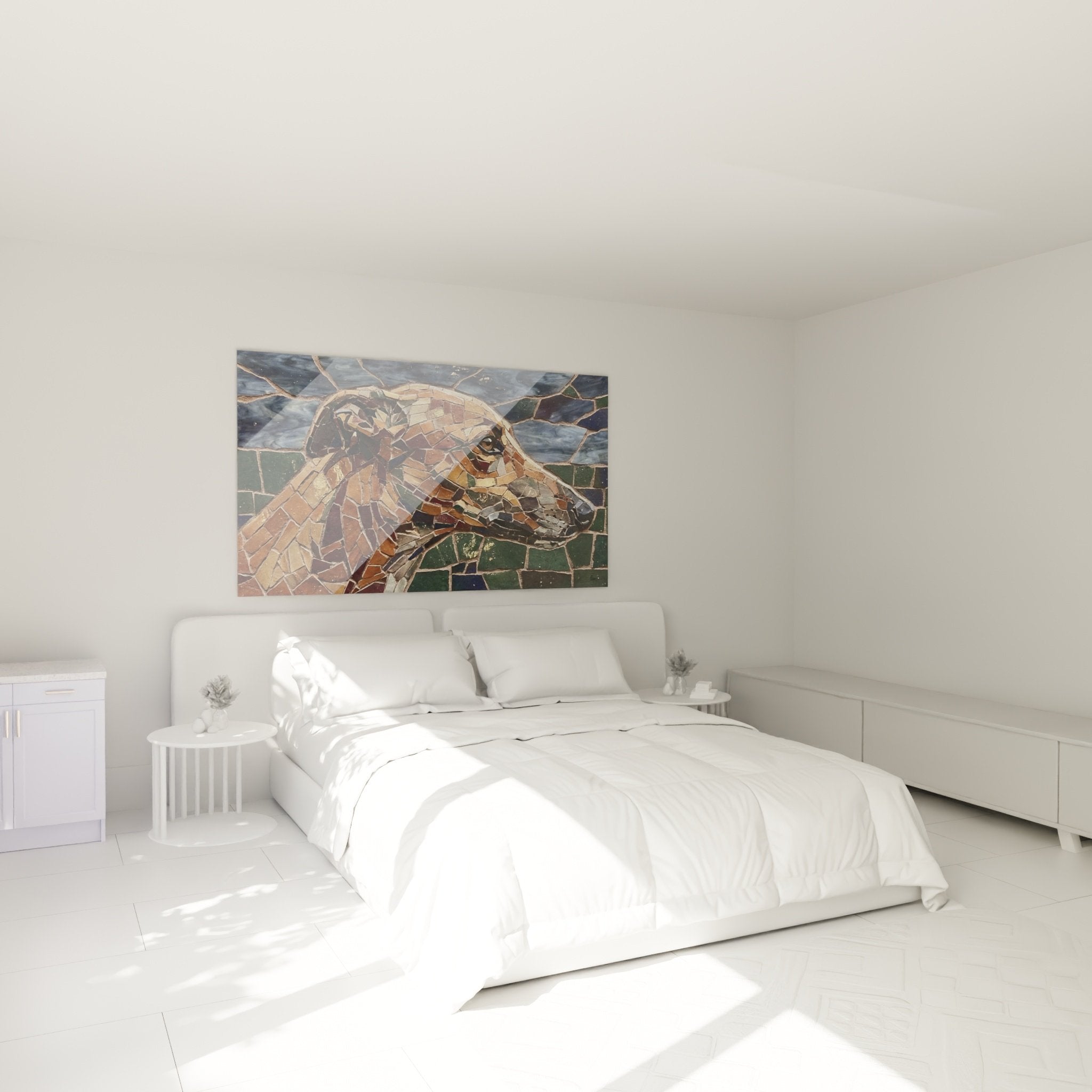 Wanddekoration Windhund Mosaik Schlafzimmer warme Atmosphäre Ocker- und Goldtöne zeitgenössische Kunst edler Hund