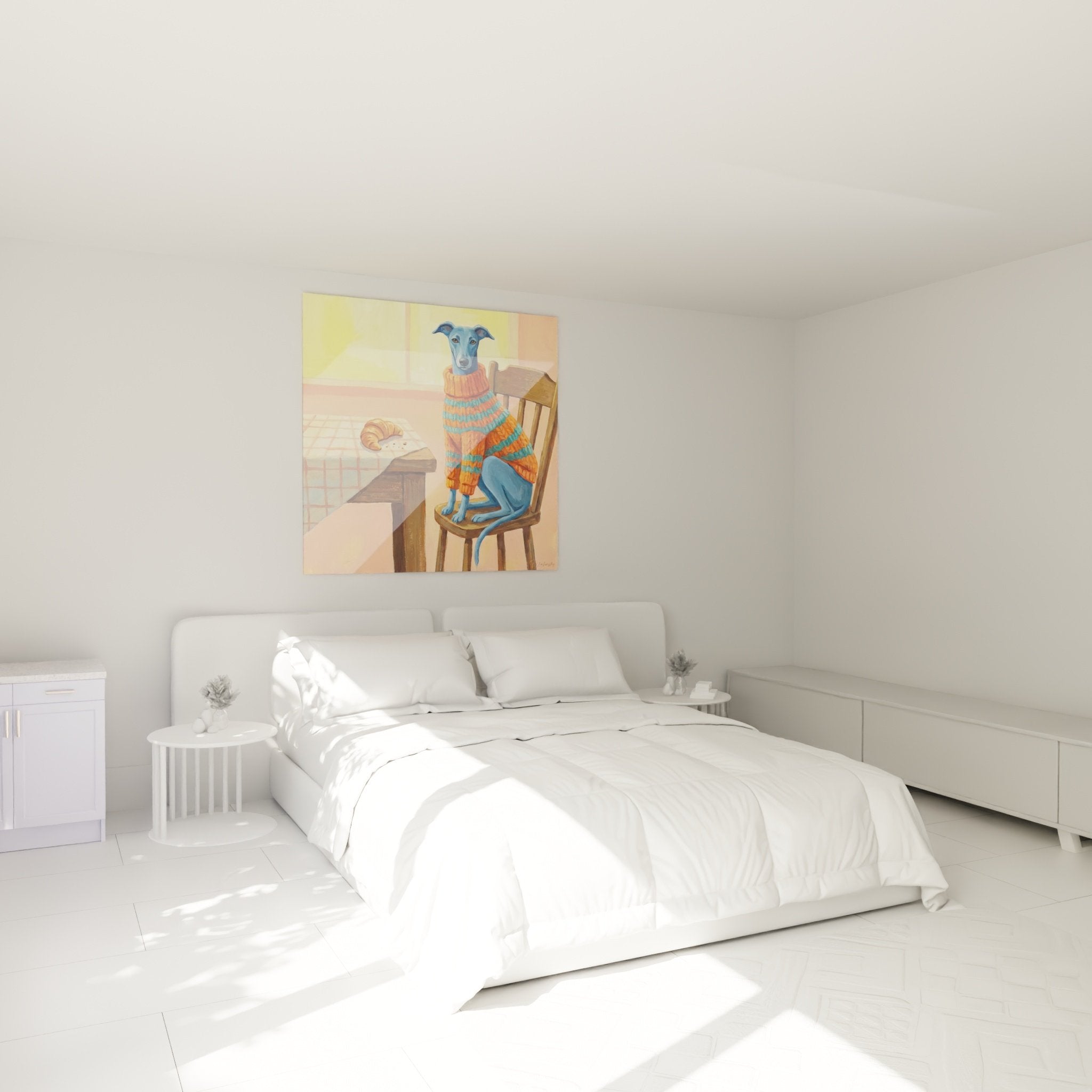 Bedroom decor with greyhound in orange sweater art on beige wall, soft and warm ambiance