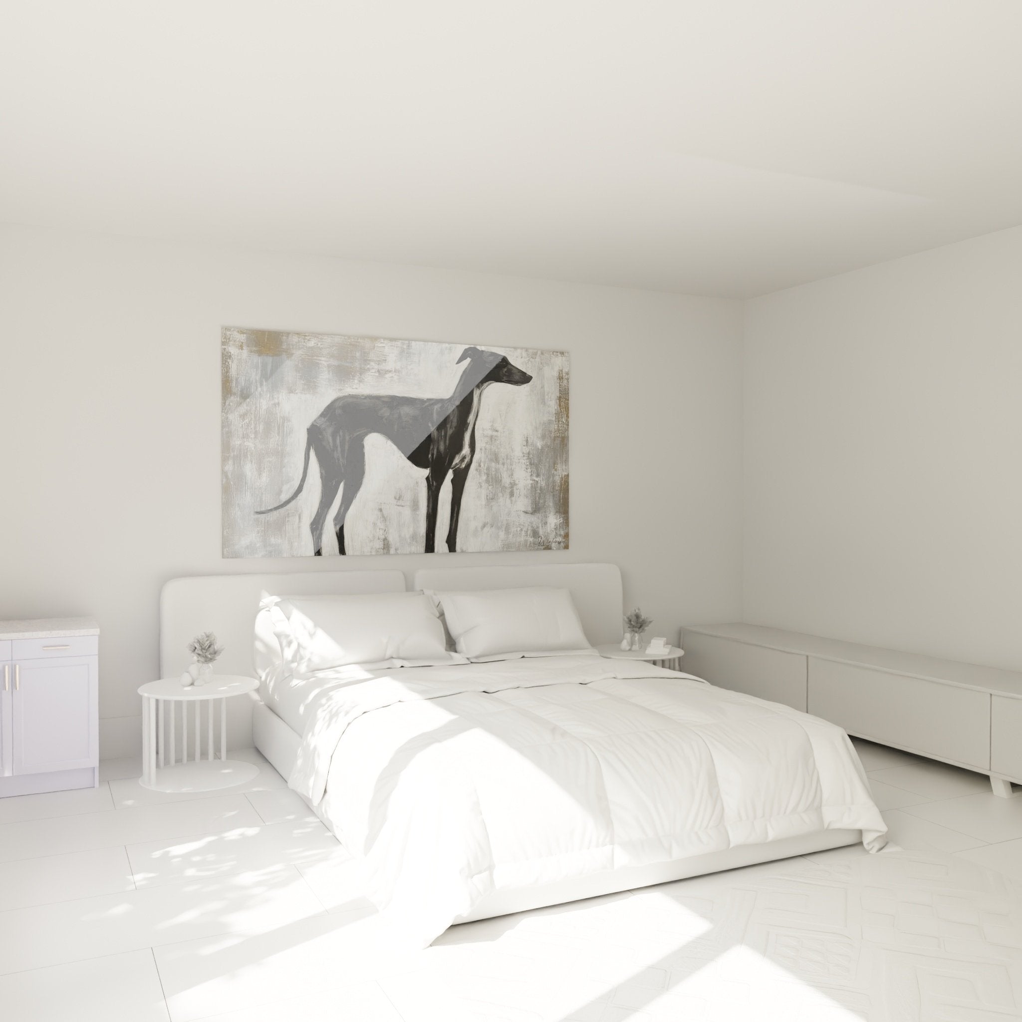 Déco chambre tableau lévrier whippet noir gris ambiance moderne sophistiquée mur blanc épuré