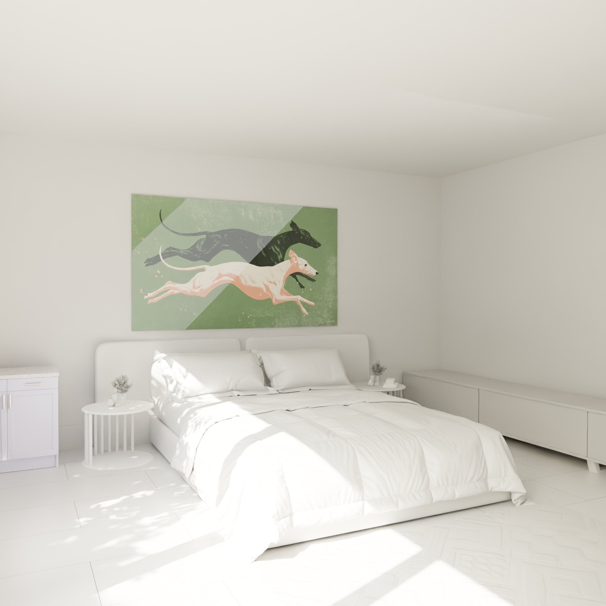 Wanddekoration Windhunde in Bewegung in modernem Schlafzimmer mit beruhigenden Grüntönen
