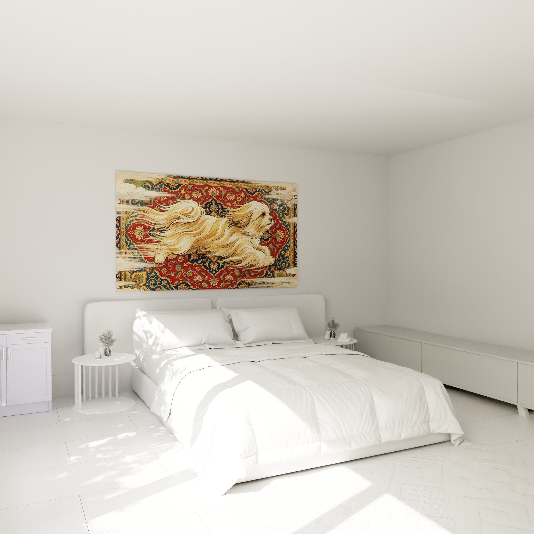 Deco chambre avec tableau Lhassa Apso pelage blond sur tapis oriental rouge carmin et bleu indigo