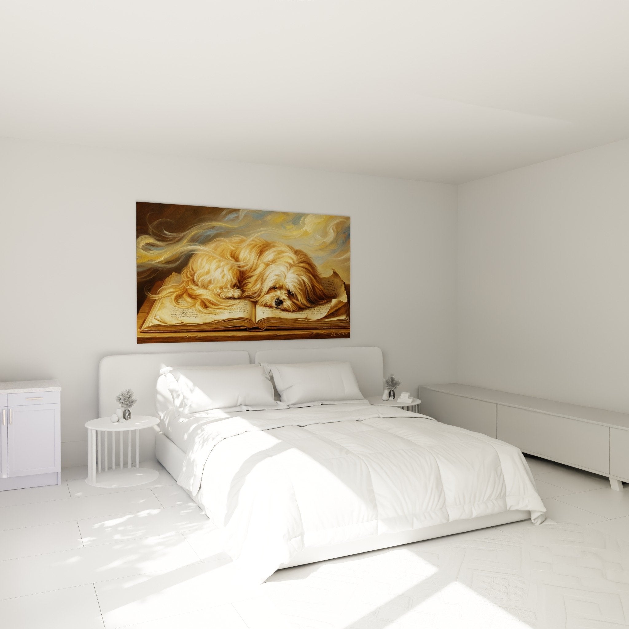 Déco chambre tableau chien Lhassa Apso lecture, œuvre poétique tons dorés et beiges