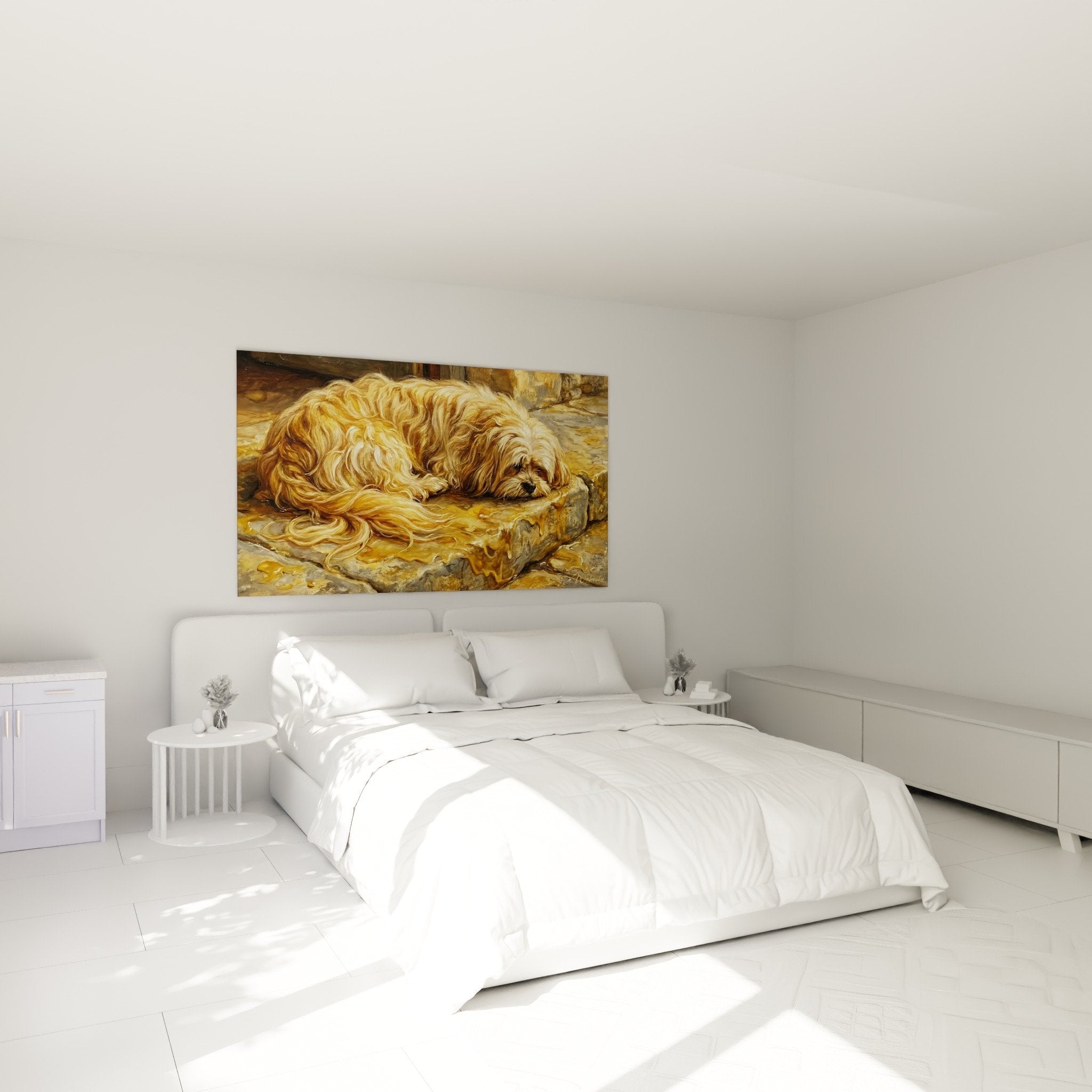 Decoration chambre tableau Lhassa Apso endormi couleurs dorees ambiance cocooning repos chien poils longs