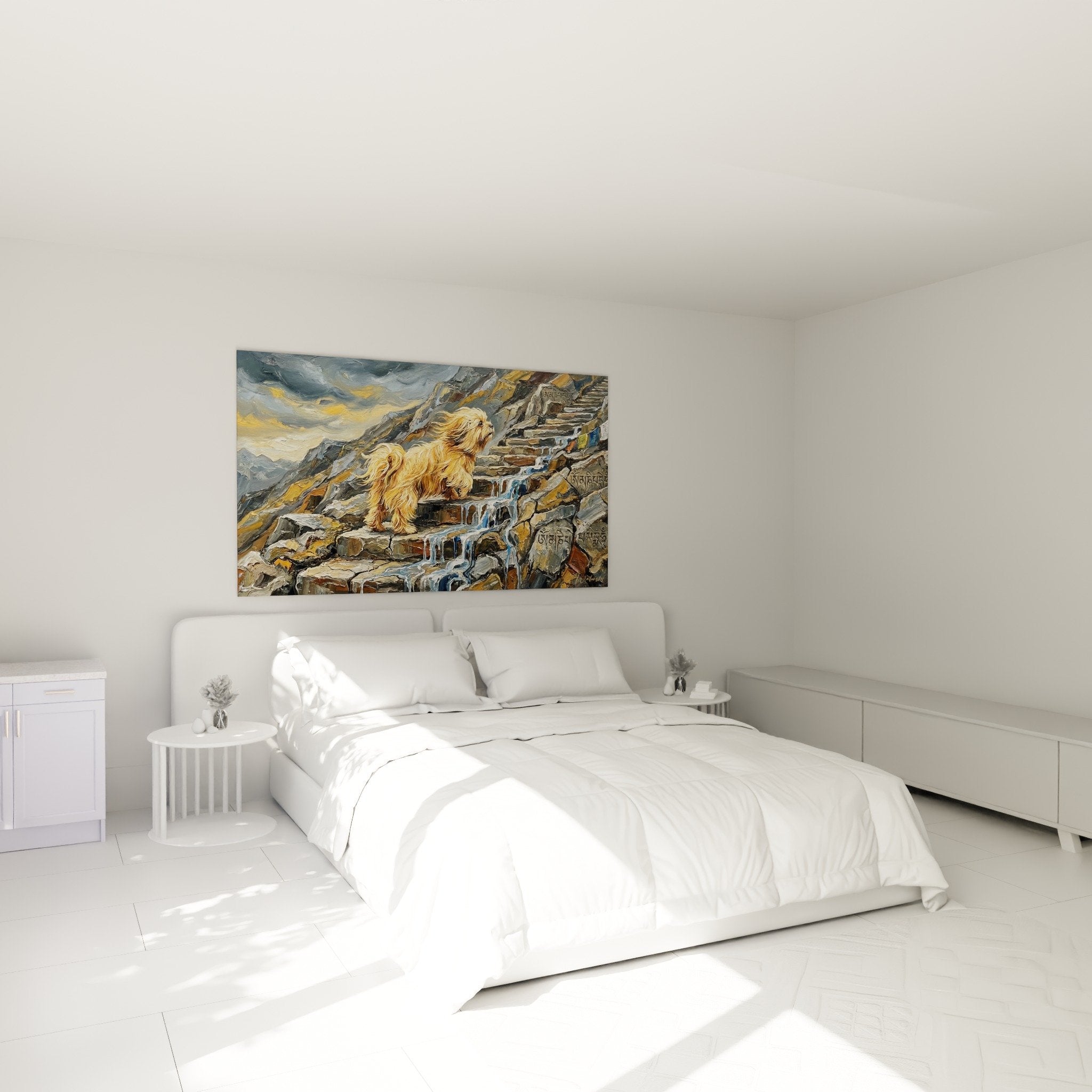Décoration murale Lhassa Apso tons ocre et dorés dans chambre moderne aux murs neutres