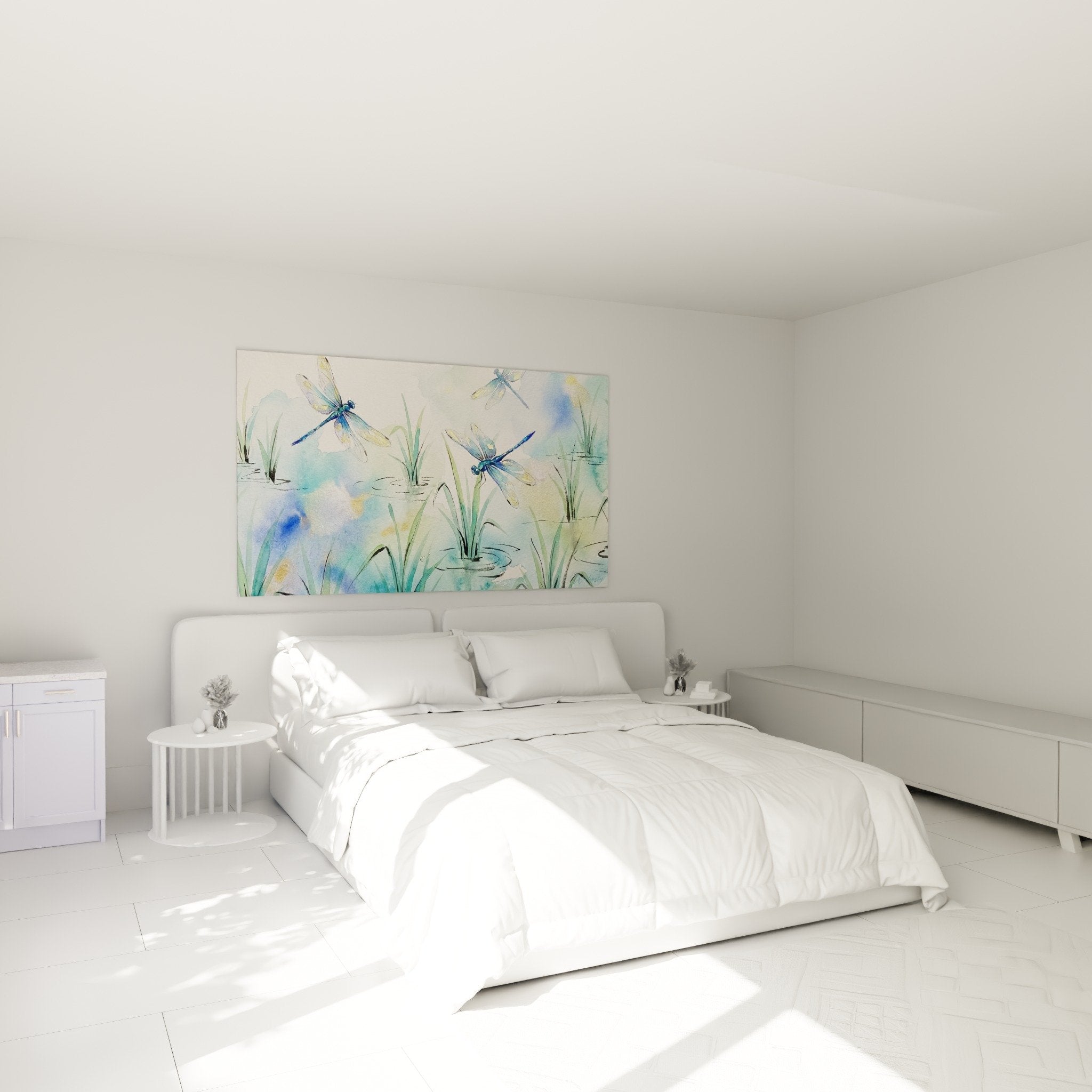 Decoration chambre tableau libellules aquarelle bleues ambiance zen rizieres sur mur blanc