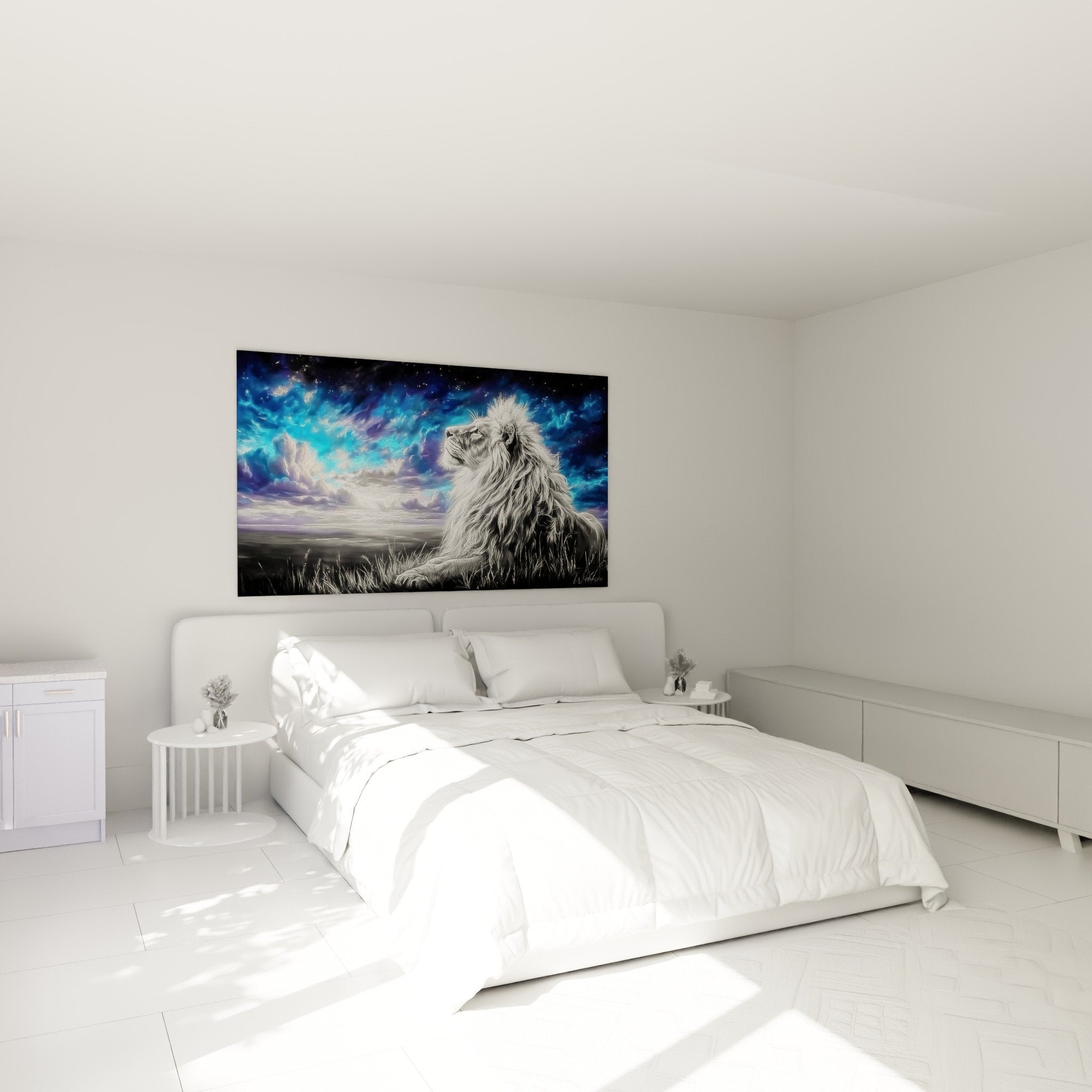 Decoration chambre avec tableau lion contemplatif sous ciel nocturne bleu etoile ambiance zen