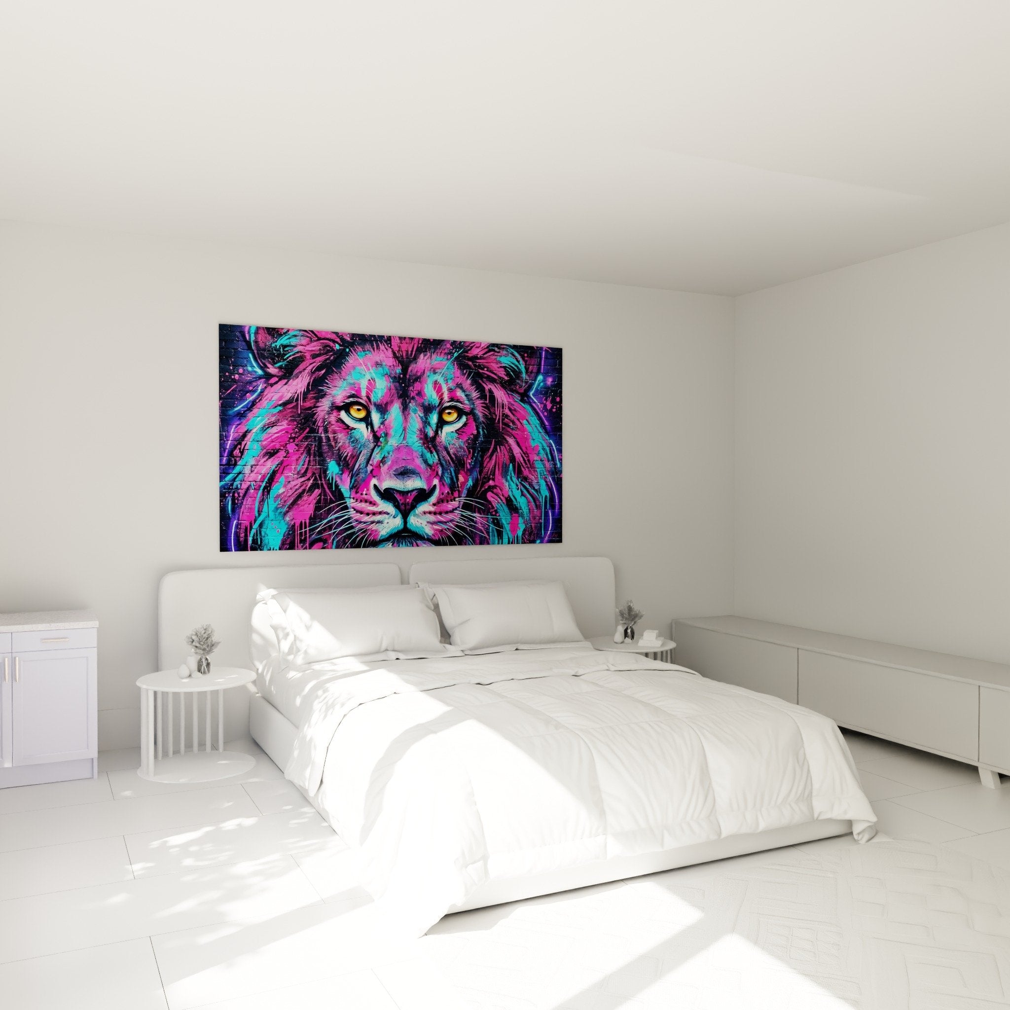 Décoration chambre avec tableau lion street art néon rose turquoise sur mur blanc moderne