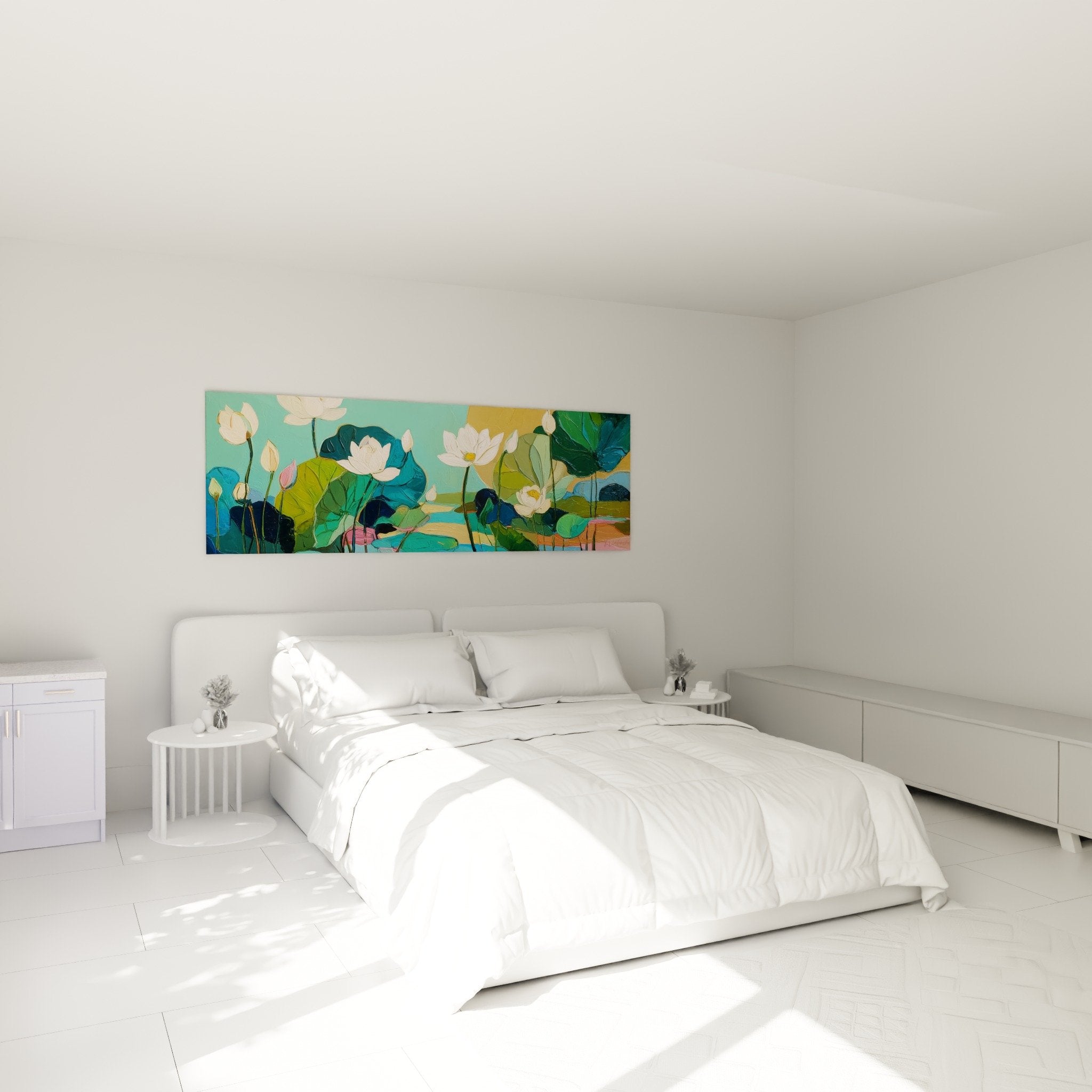 Tableau nenuphars blancs turquoise decoration murale chambre ambiance zen