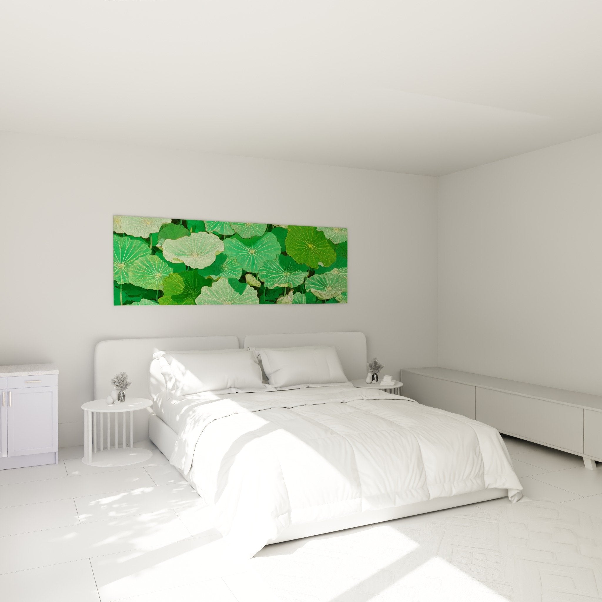 Decoration chambre tableau feuilles lotus vertes dorees au dessus du lit ambiance zen naturelle relaxante