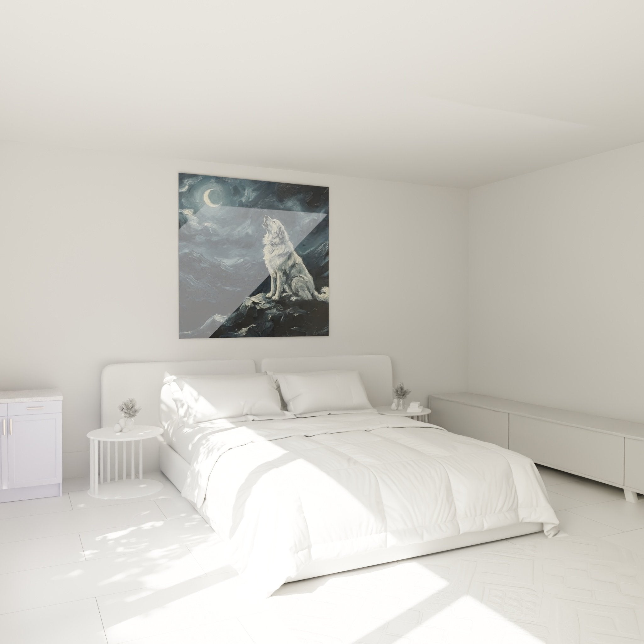 Décoration chambre tableau loup nocturne ambiance apaisante art mural montagne pyrénées bleu gris