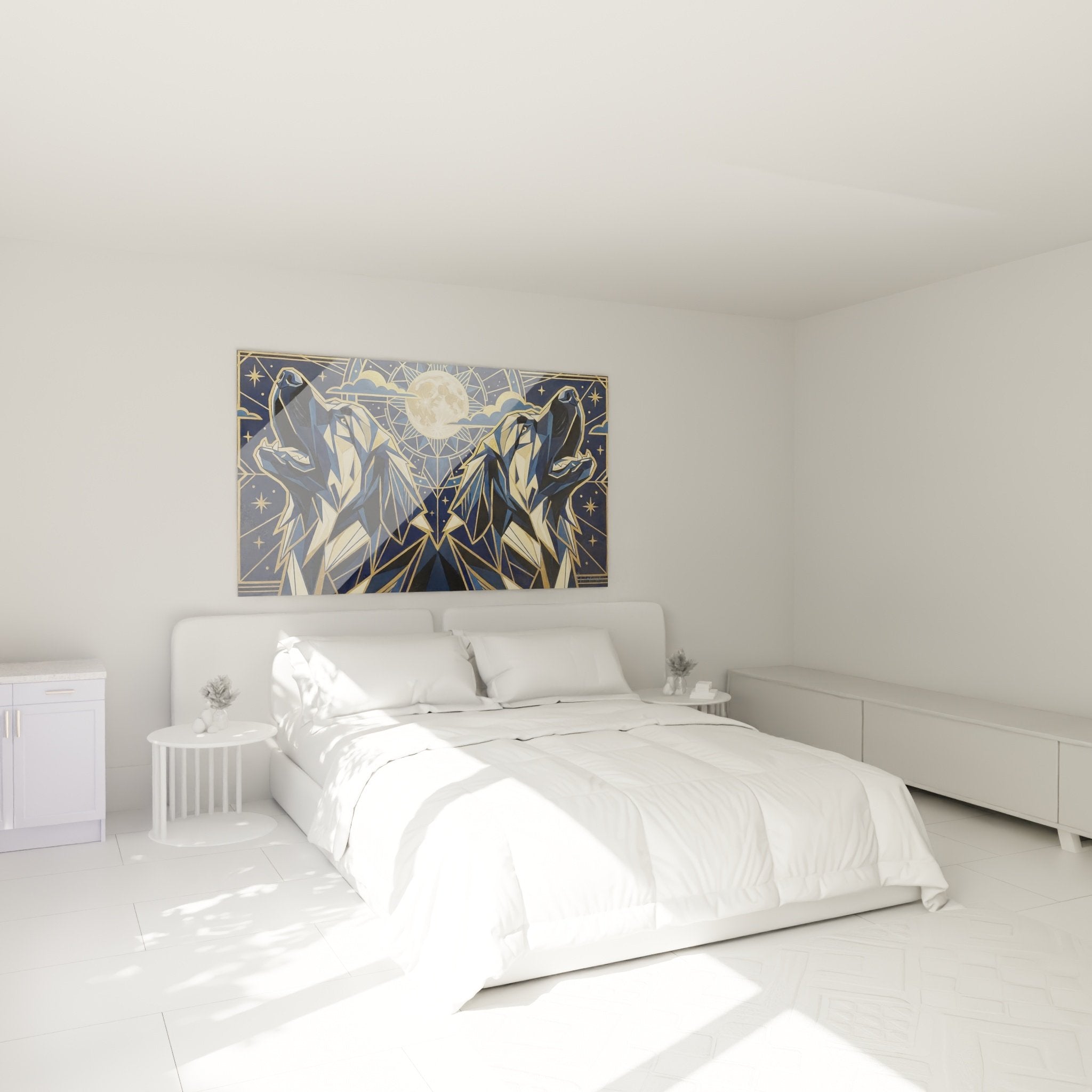 Wanddekoration stilisierte Wölfe Schlafzimmer Nachtambiance blau gold geometrisch
