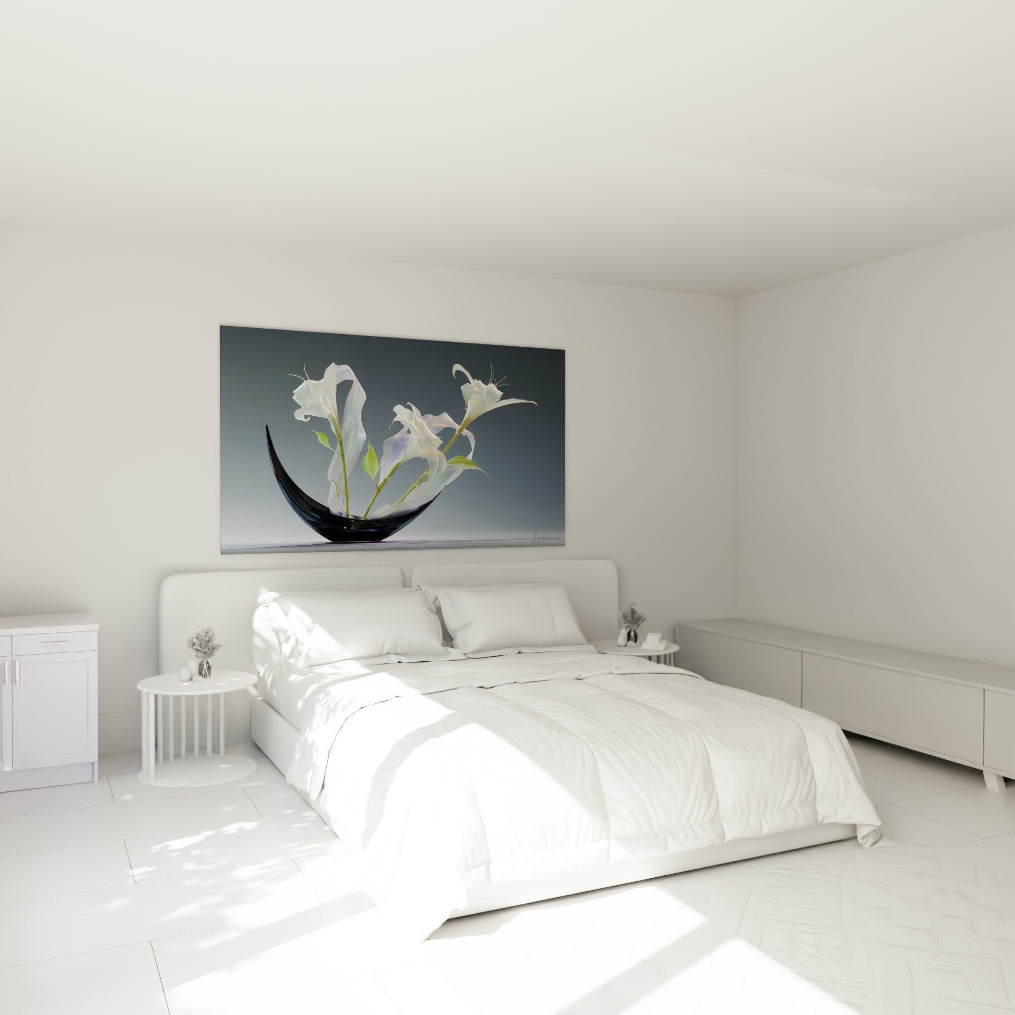 Zen bedroom decoration white lily painting black vase - soothing Japanese floral ikebana art atmosphere