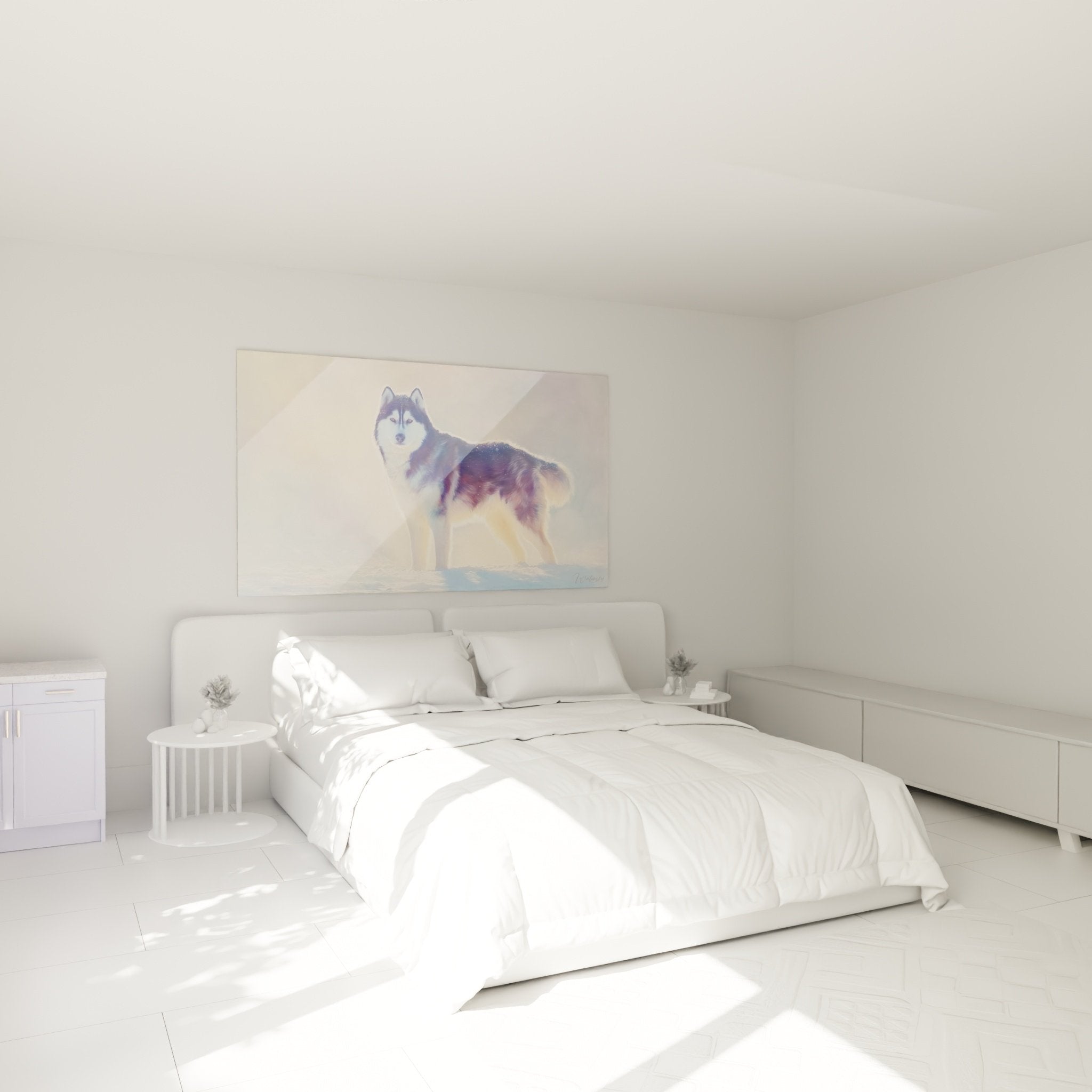 Decoration chambre tableau malamute alaska ambiance nordique neige doree mur beige mobilier naturel