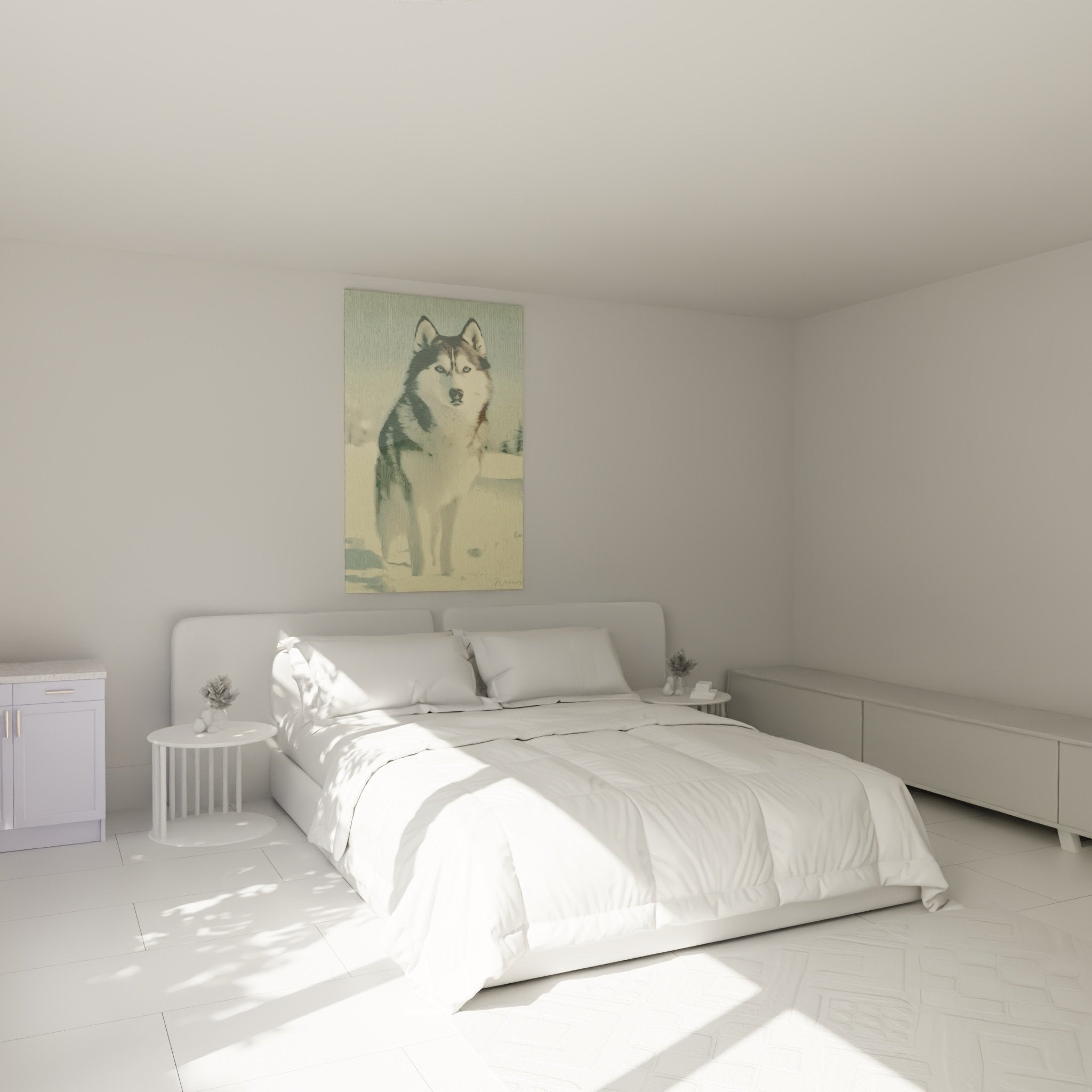 Decoration chambre tableau malamute alaska ambiance nordique apaisante couleurs douces vert creme