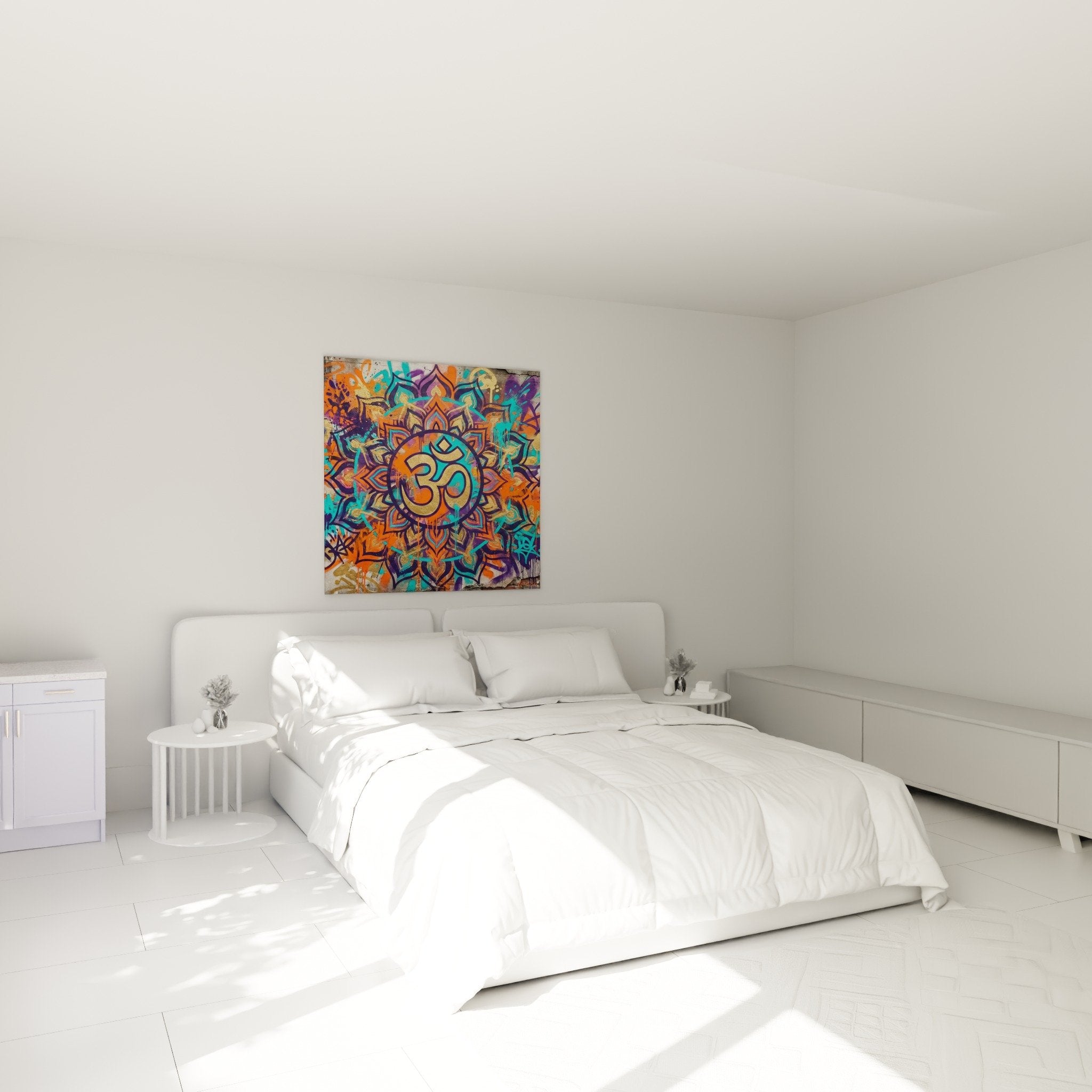 Déco chambre tableau mandala om doré mur blanc mobilier moderne art spirituel turquoise orange ambiance zen