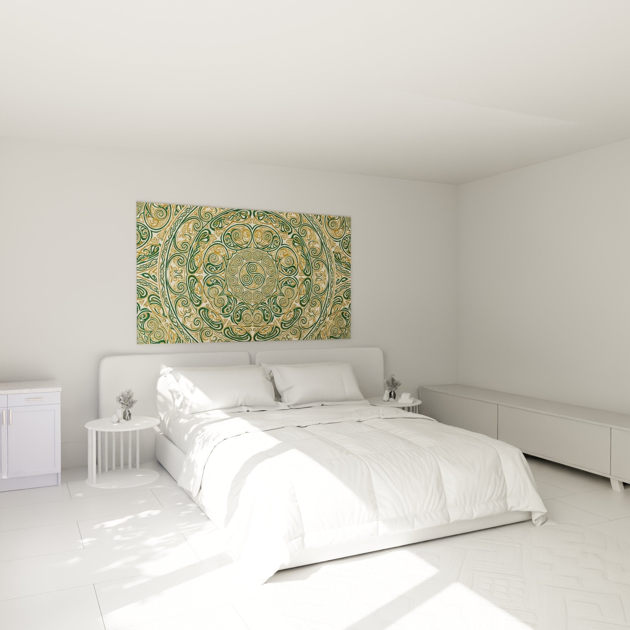 Décoration chambre avec mandala celtique vert et or créant ambiance zen et apaisante sur mur blanc