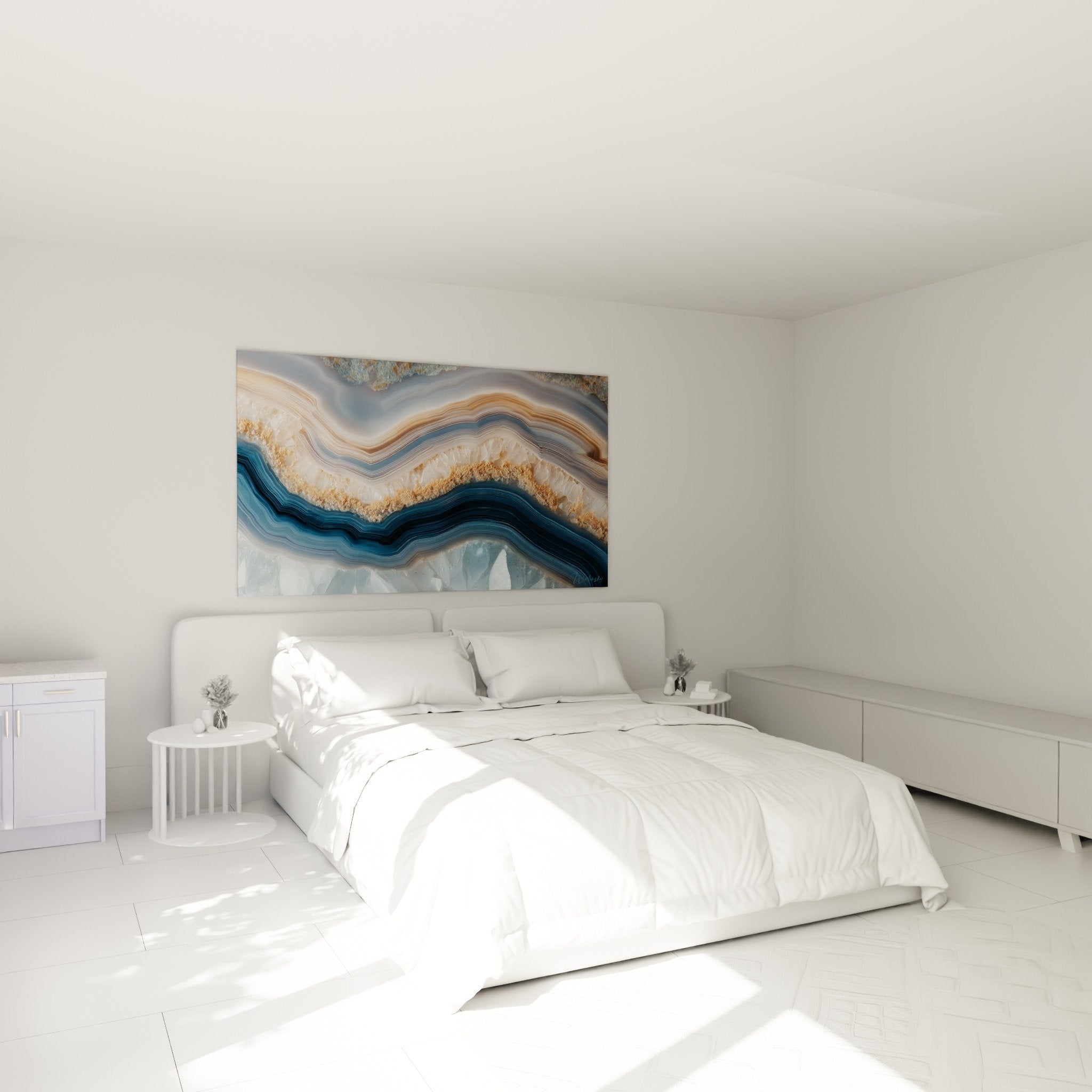 Schlafzimmerdekoration abstraktes Marmorbild blau gold über dem Bett elegante zeitgenössische Atmosphäre