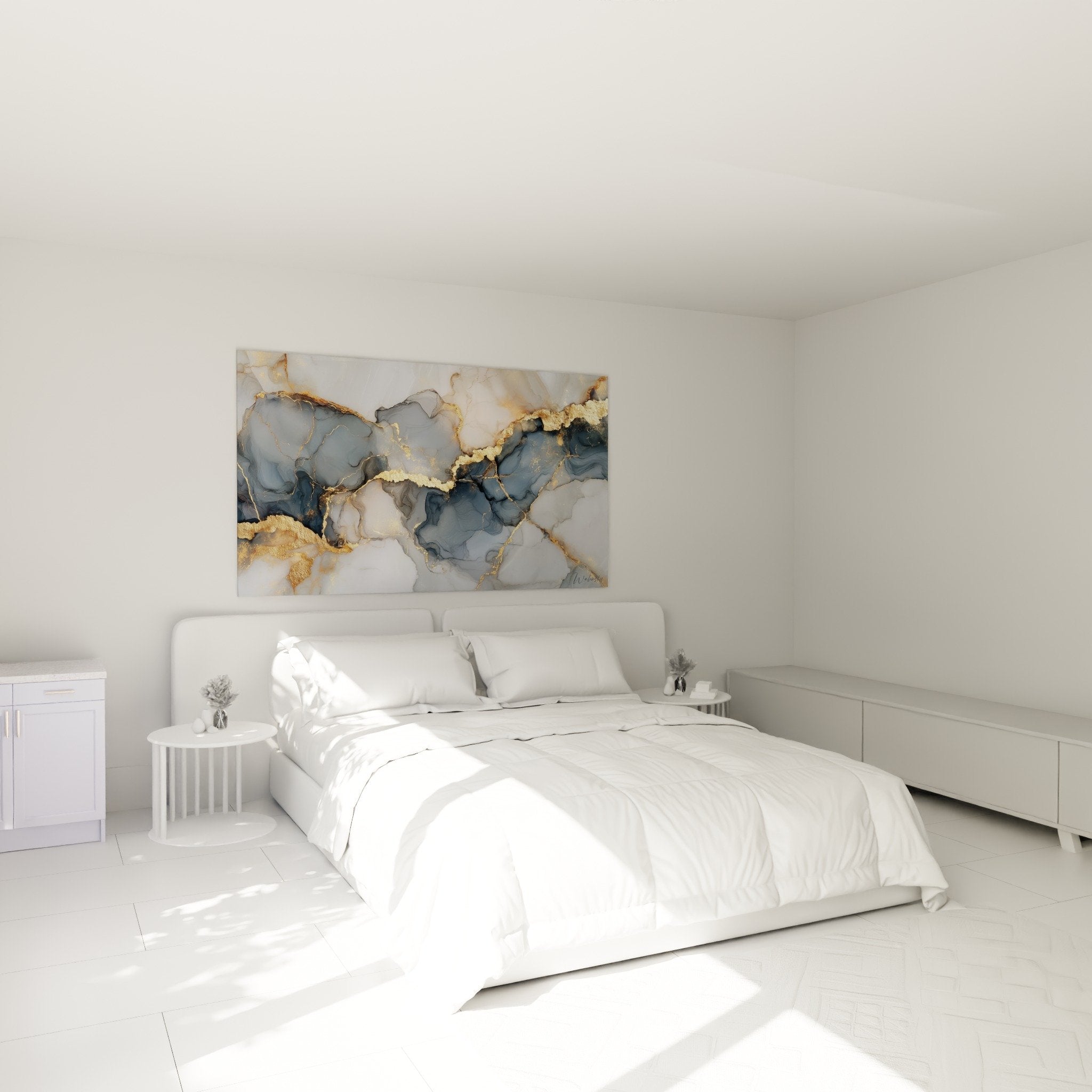 Décoration chambre avec tableau marbre abstrait aux tons bleus dorés, ambiance contemporaine apaisante