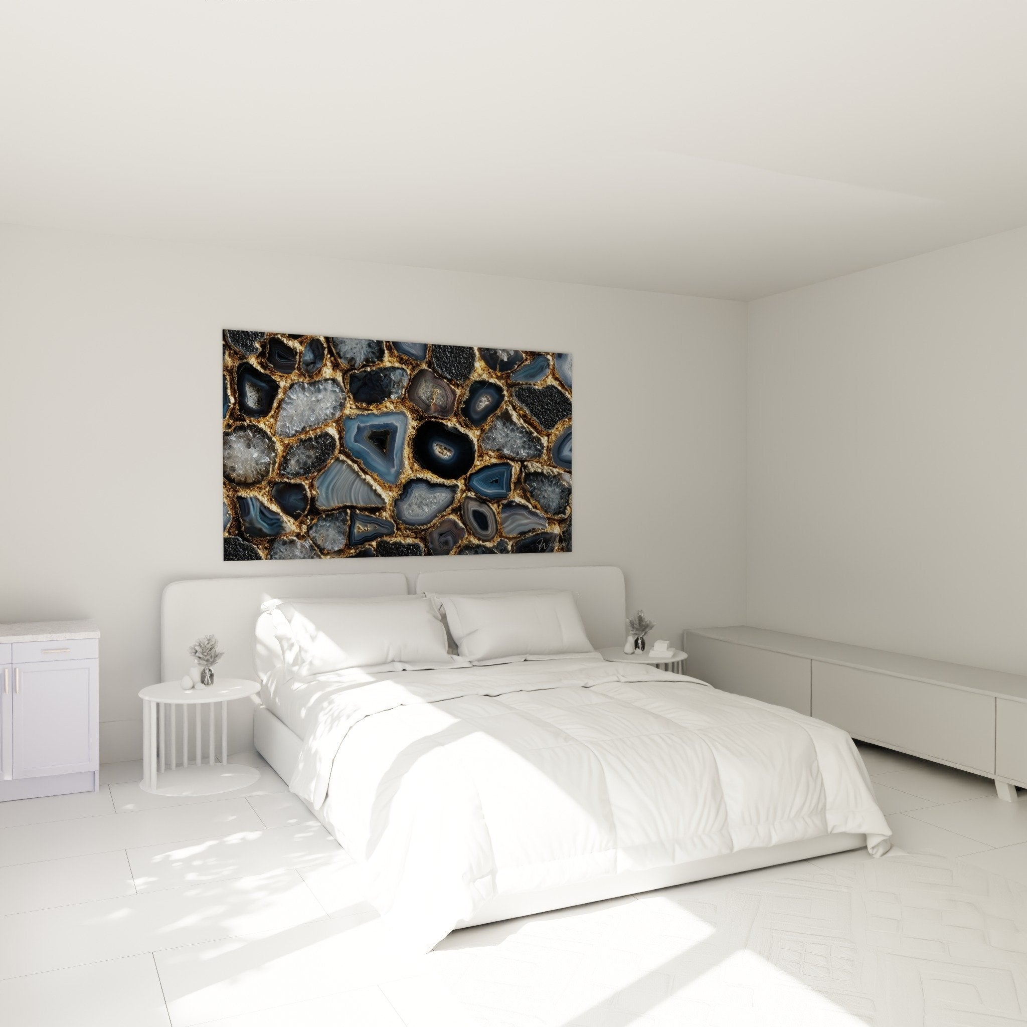 deco chambre tableau marbre bleu dore au mur ambiance elegante raffinee style contemporain