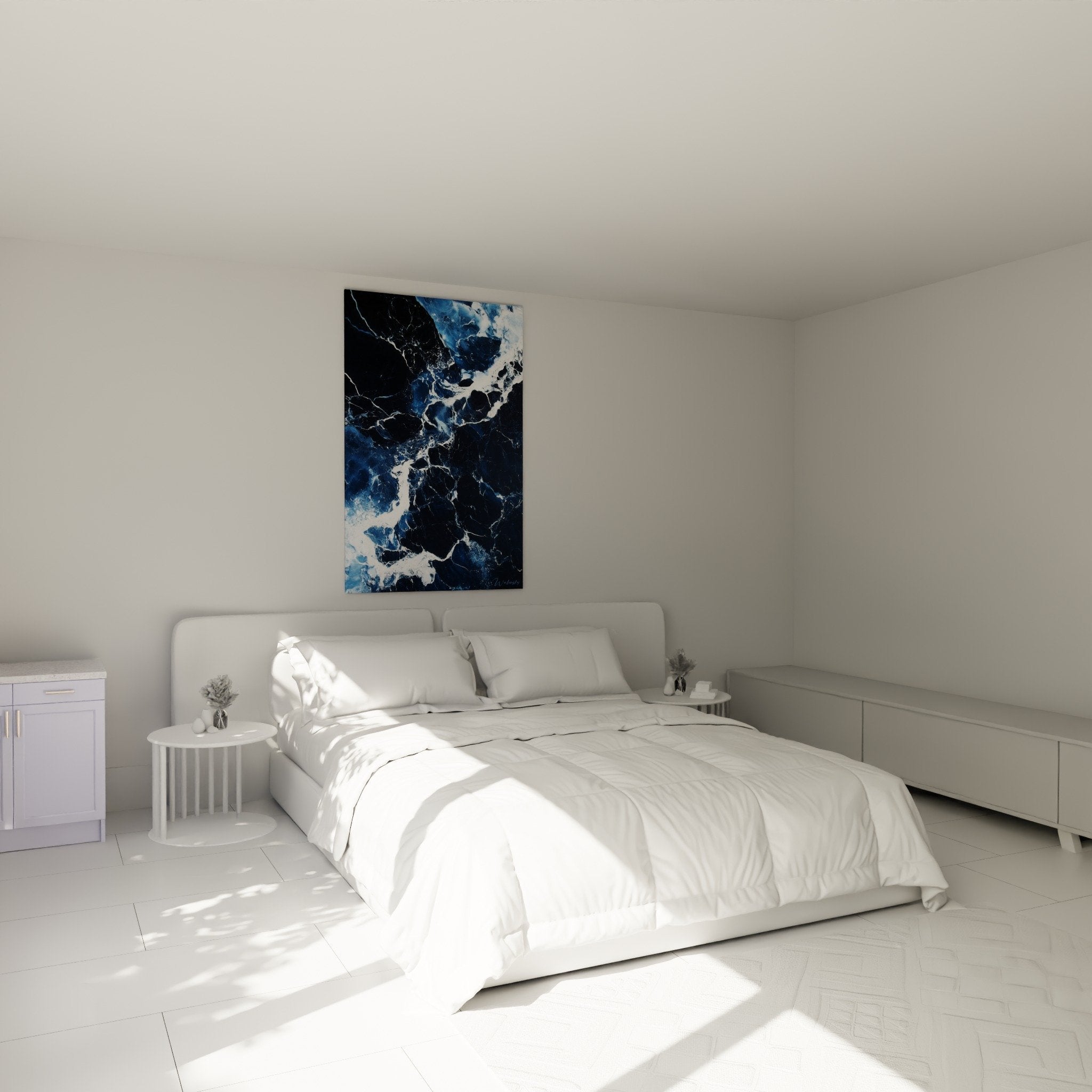 Decoration chambre moderne avec tableau marbre abstrait bleu marine et blanc, ambiance elegante