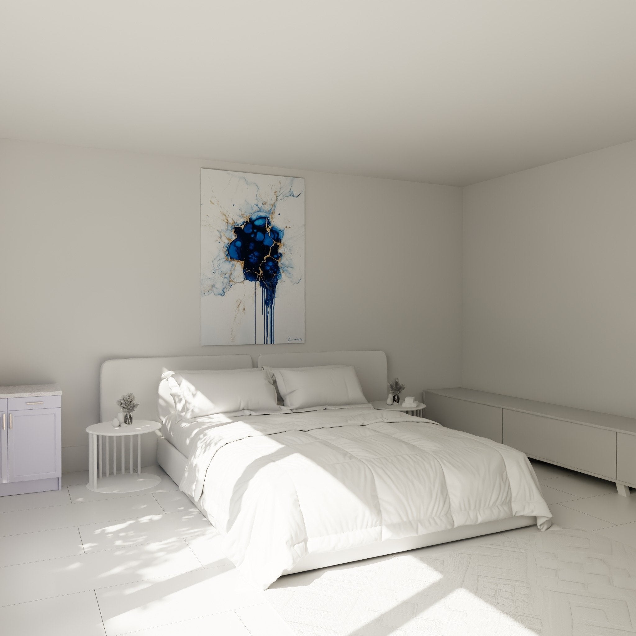 Décoration chambre moderne tableau marbre abstrait bleu or ambiance sophistiquée mur blanc épuré