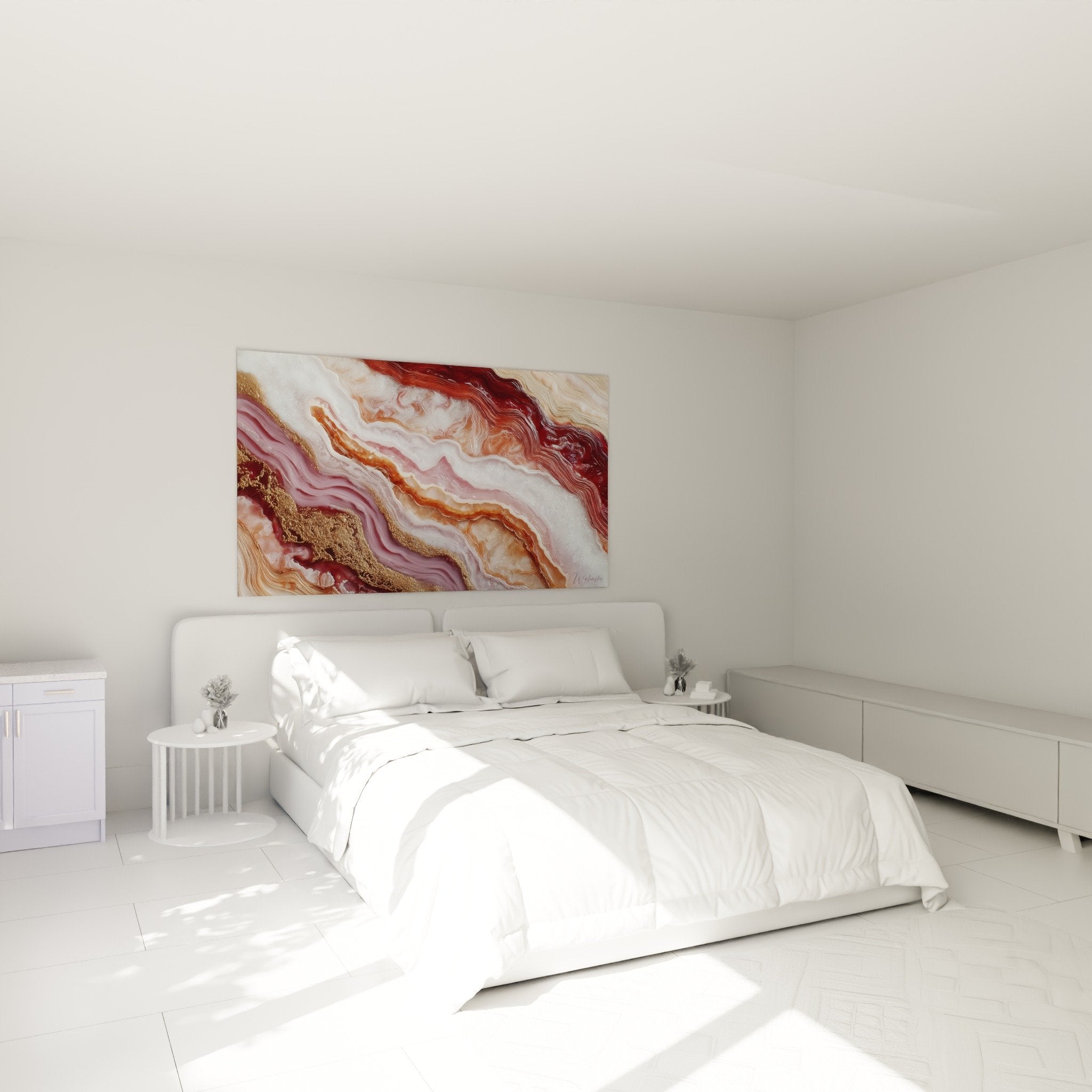 Decoration chambre tableau marbre abstrait tons bordeaux dores ambiance sophistiquee cosy