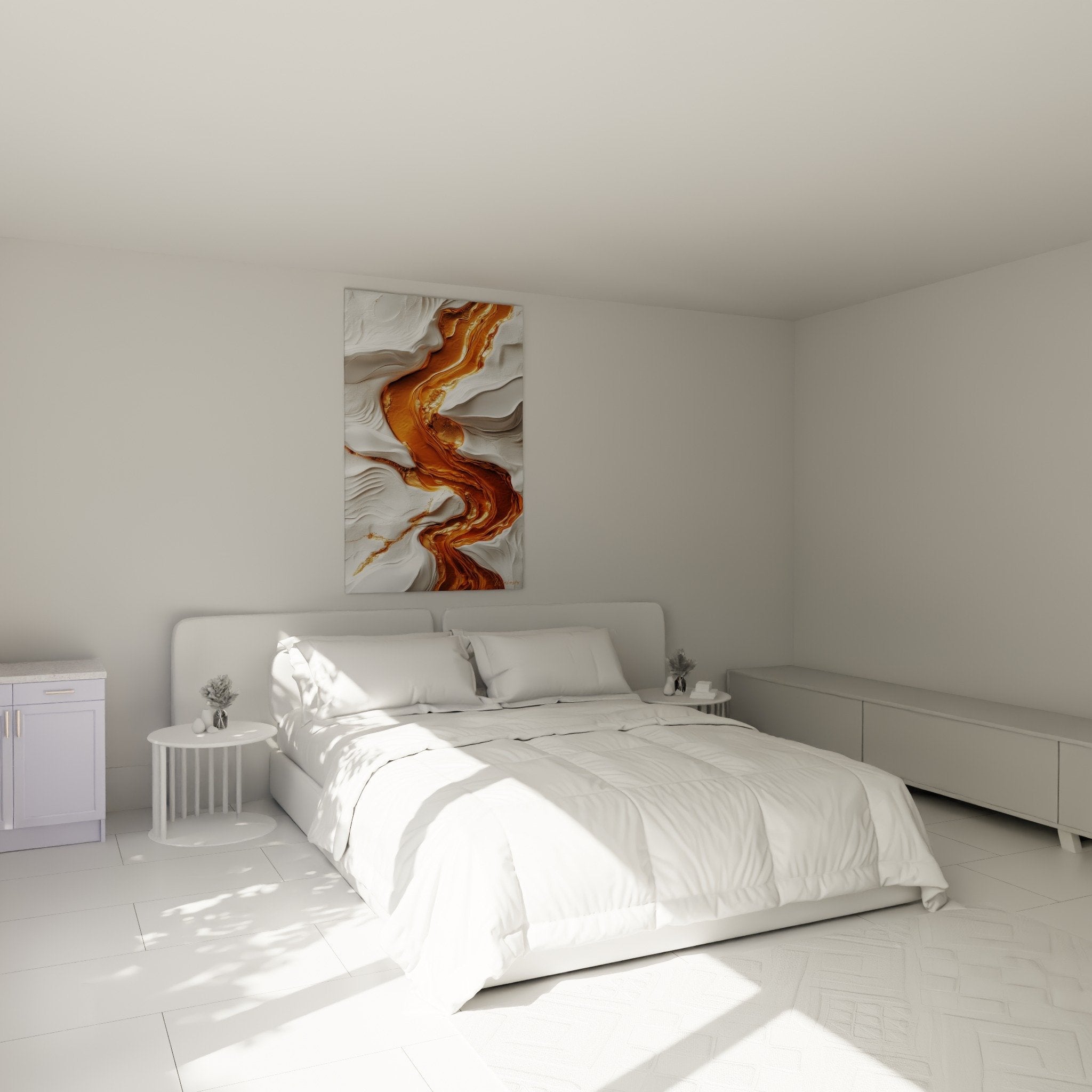 Décoration murale marbre abstrait cuivré dans chambre moderne avec mobilier contemporain