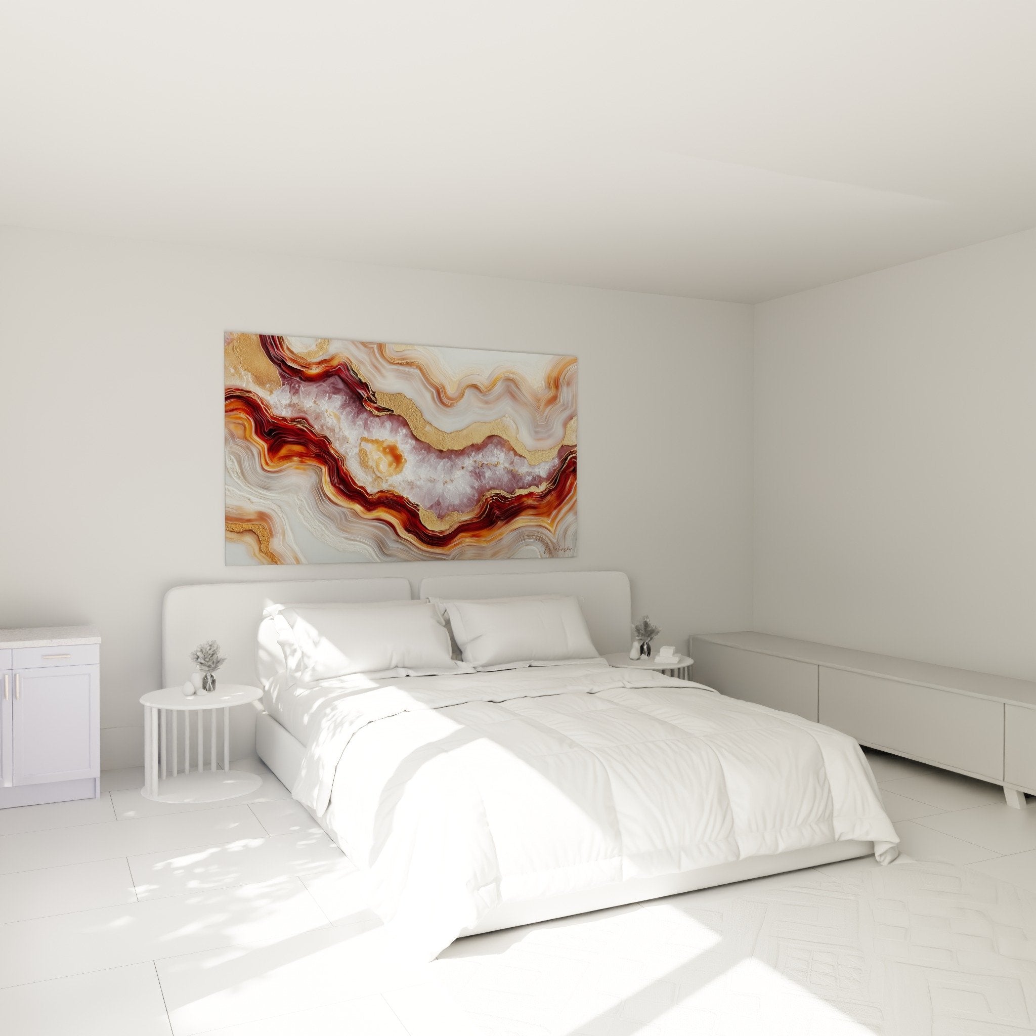 Déco chambre tableau marbre abstrait doré améthyste mur gris ambiance raffinée minérale contemporaine